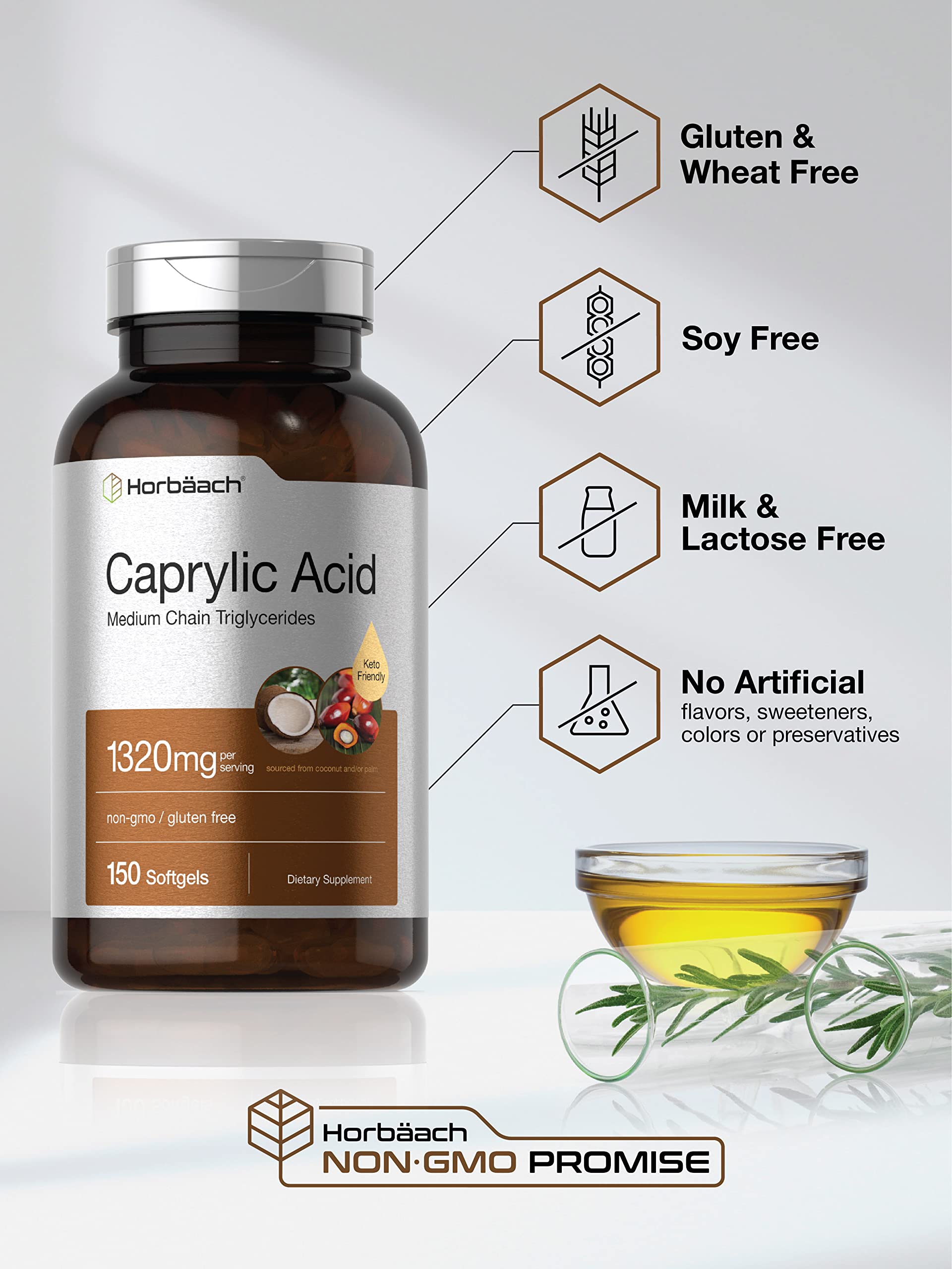Horbäach MCT Oil softgels on a wooden table