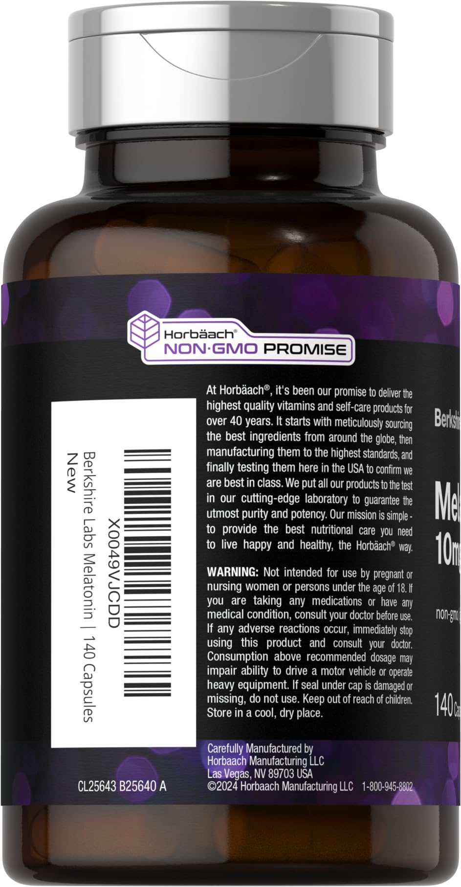Horbäach Melatonin 10mg capsules showing dosage information
