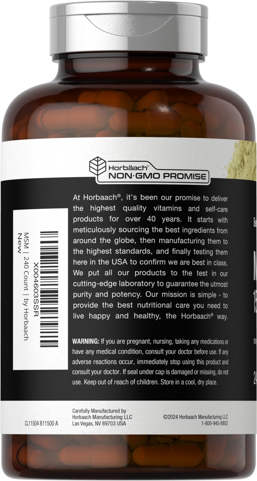 Horbäach MSM 1500mg capsules back view with ingredient list