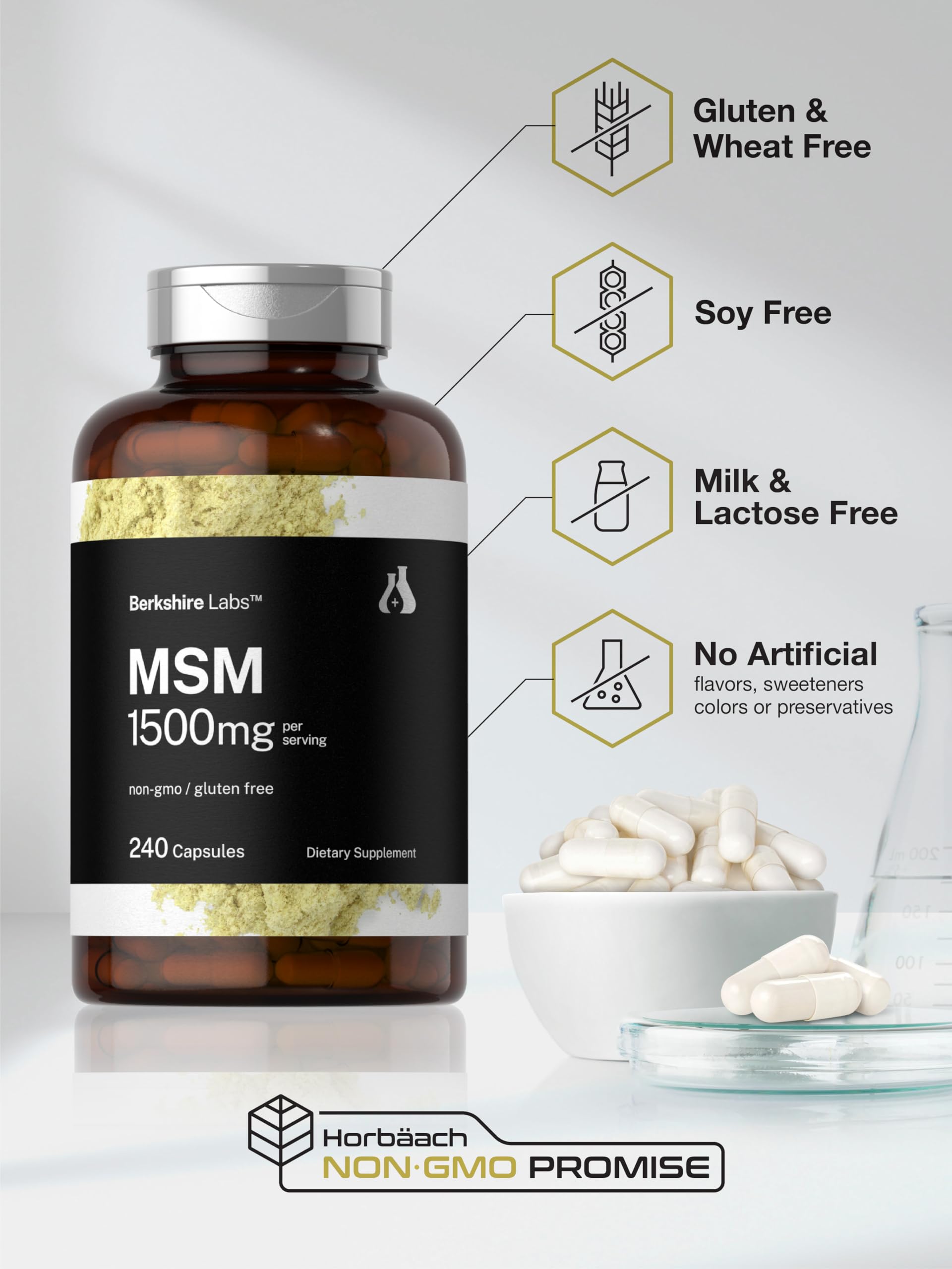 Horbäach MSM 1500mg capsules lifestyle scene with supplements