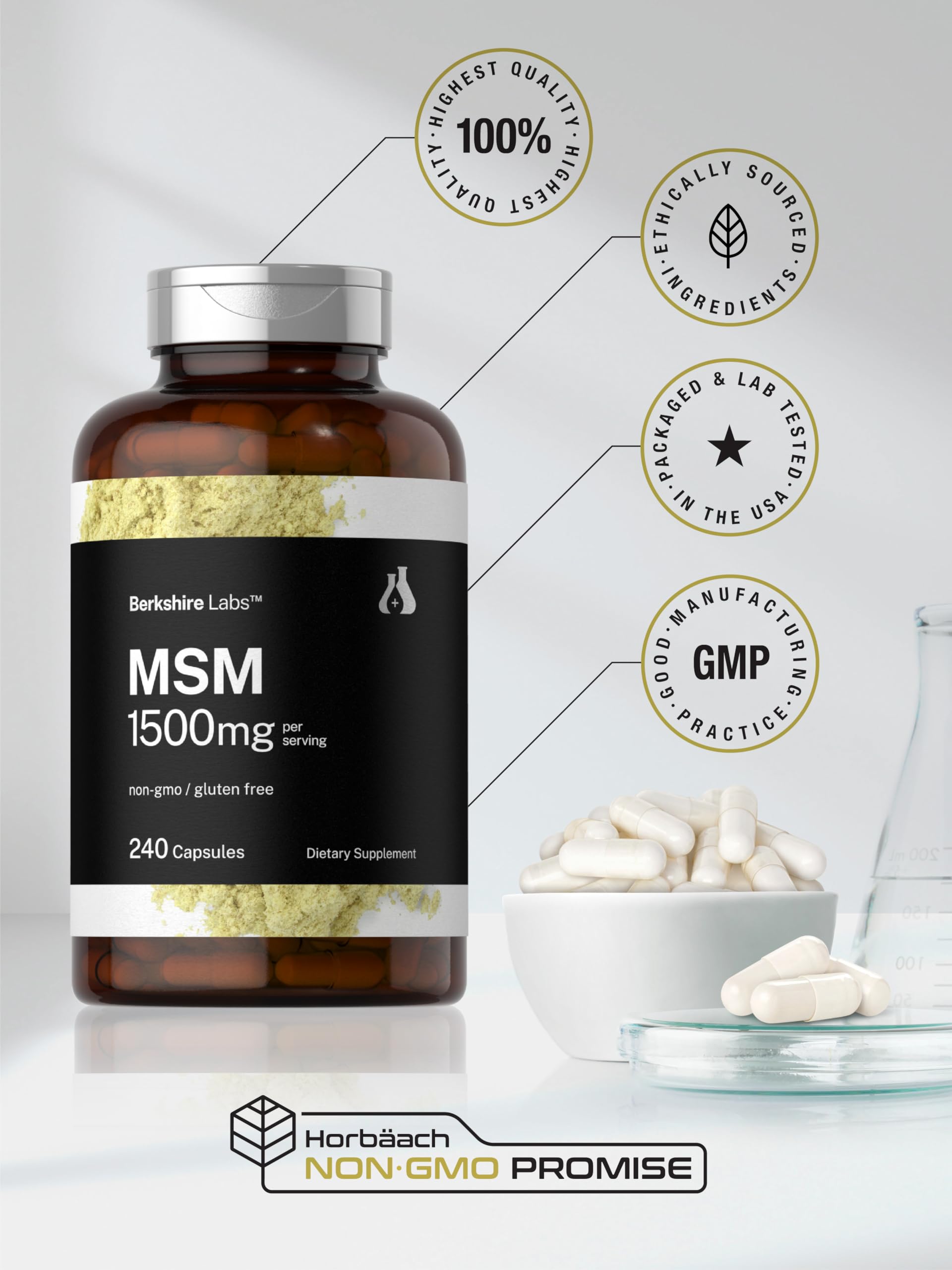 Horbäach MSM 1500mg capsules on a wooden table