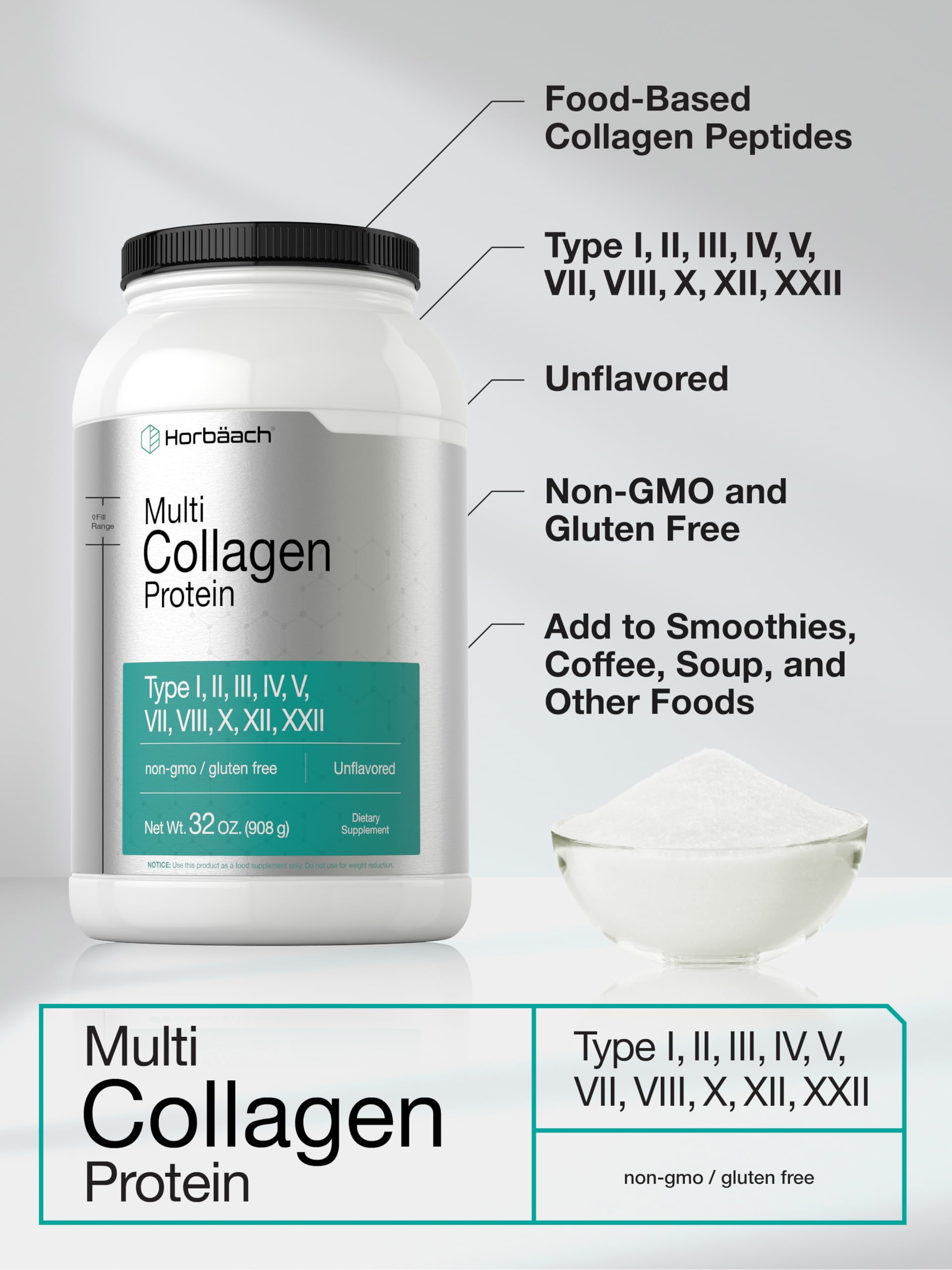 Horbäach Multi Collagen Protein Powder mixed in a drink