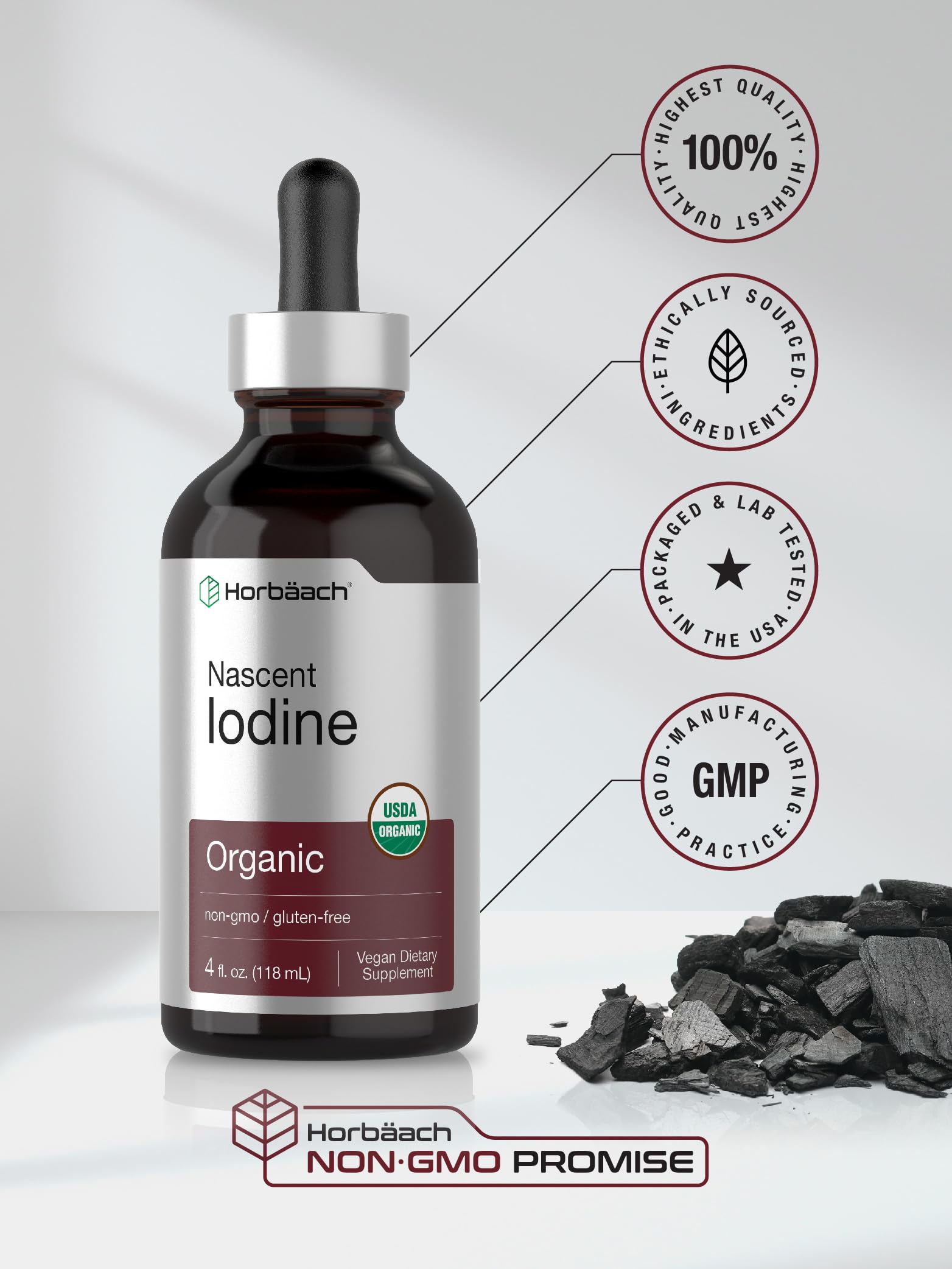 Horbäach Nascent Iodine Liquid Drops on a wooden table
