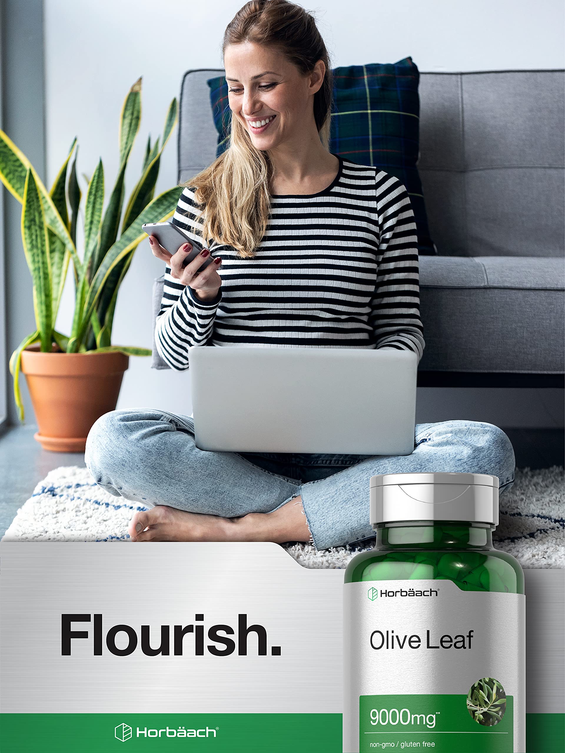 Horbäach Olive Leaf Extract supplement on a wooden table