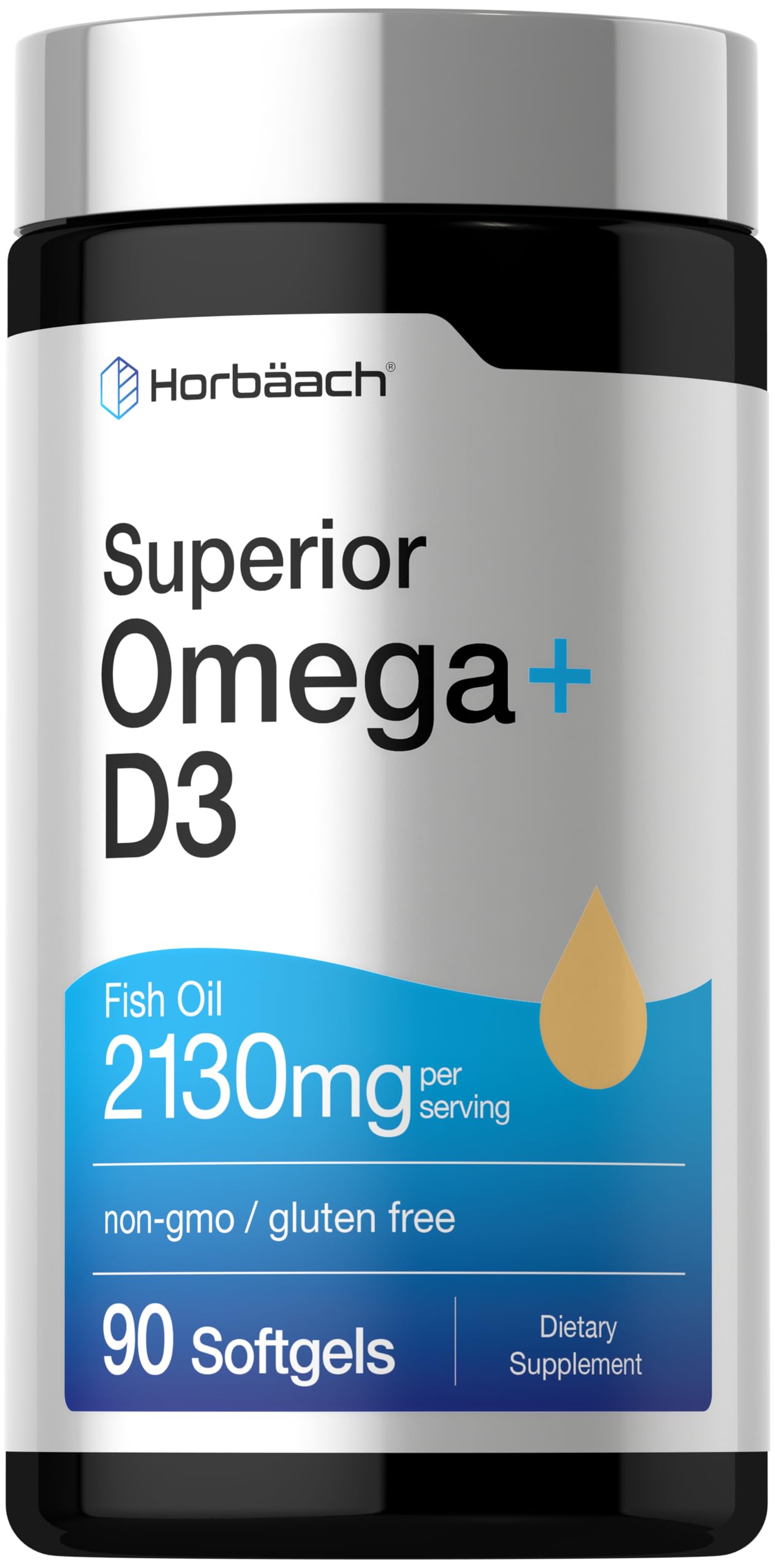 Horbäach Omega-3 Fish Oil + D3 Softgels 90 count front view