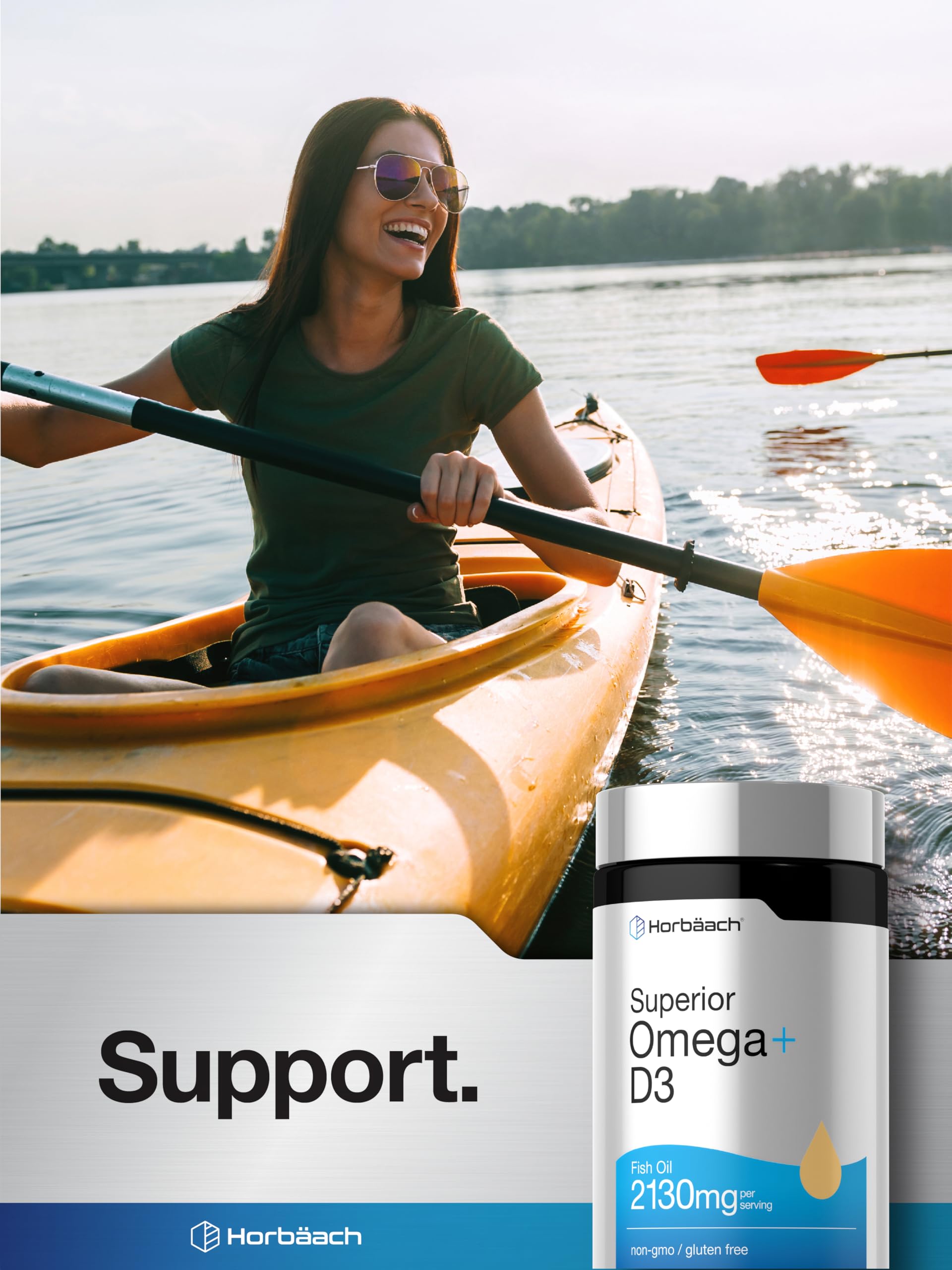 Horbäach Omega-3 Fish Oil + D3 Softgels on a wooden table