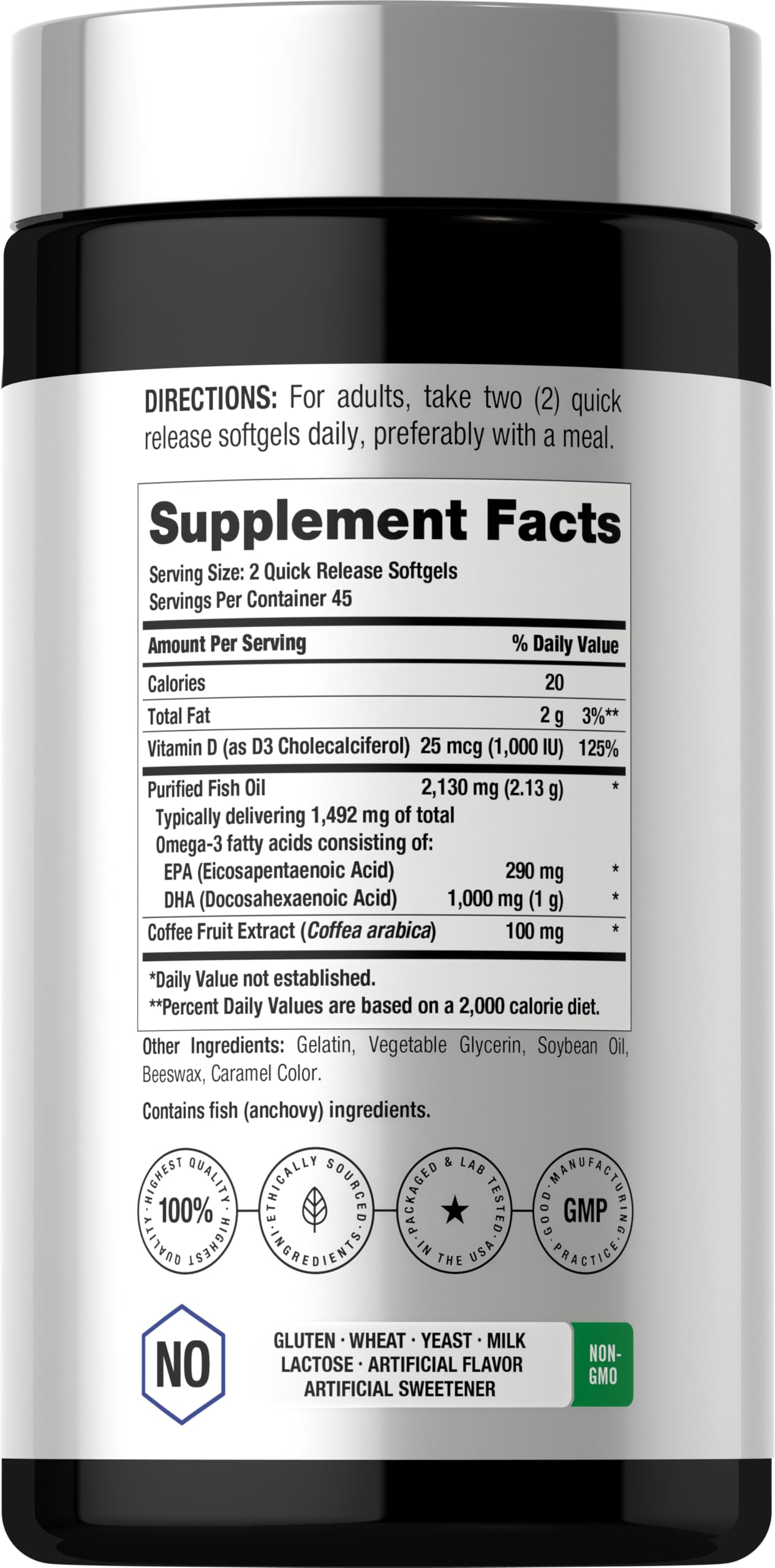 Horbäach Omega-3 Fish Oil + D3 Softgels side view with label