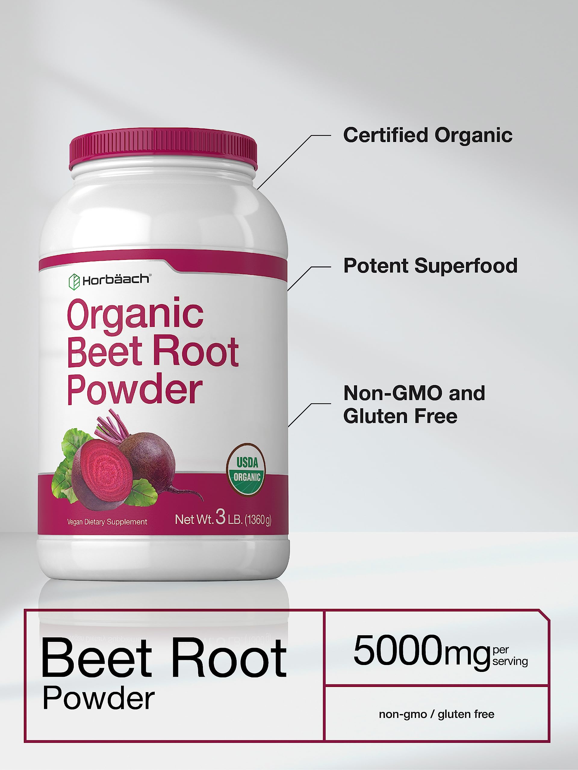 Horbäach Organic Beet Root Powder side view showing serving size