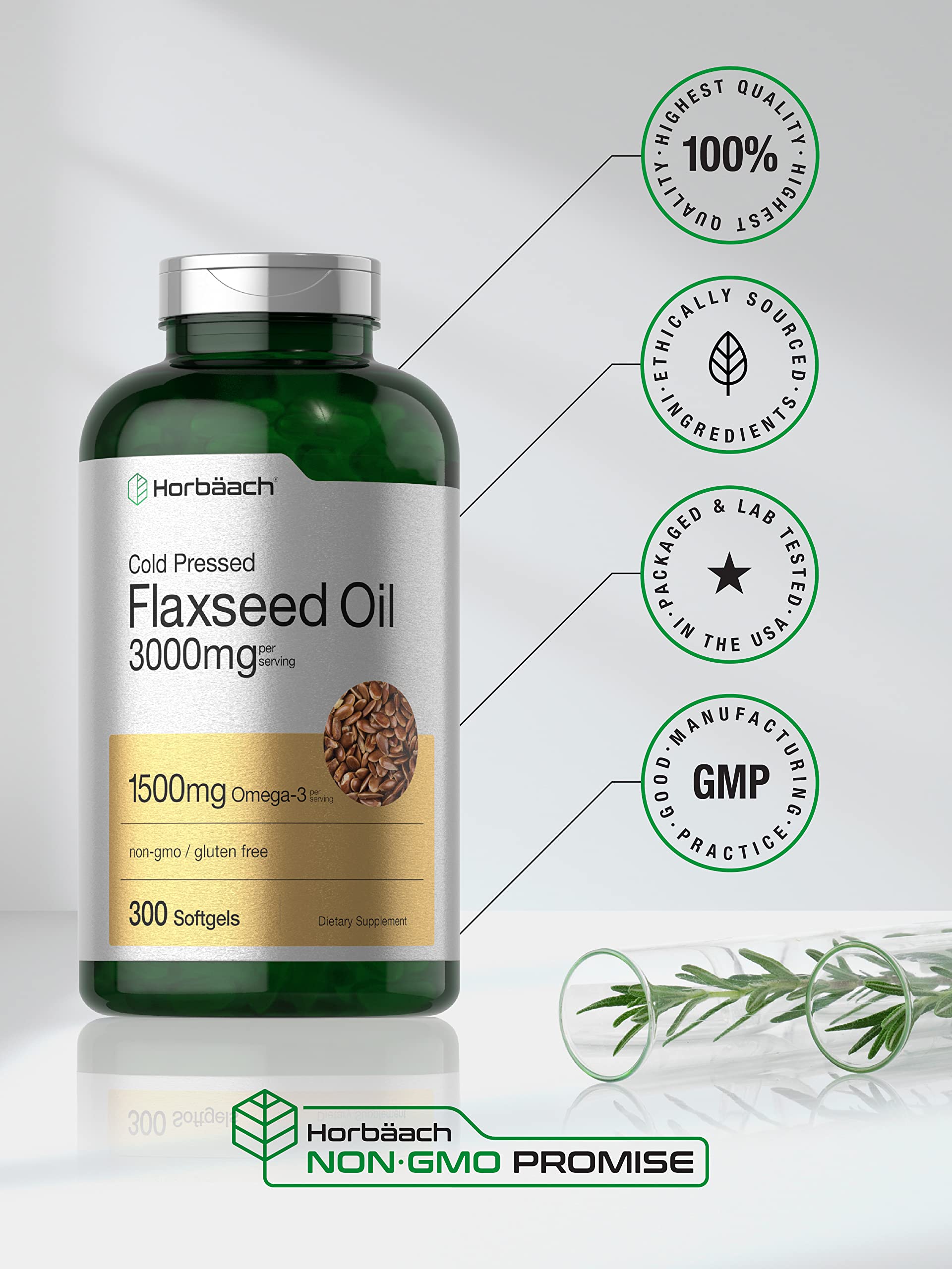 Horbäach Organic Flaxseed Oil 3000mg Softgels on a wooden table