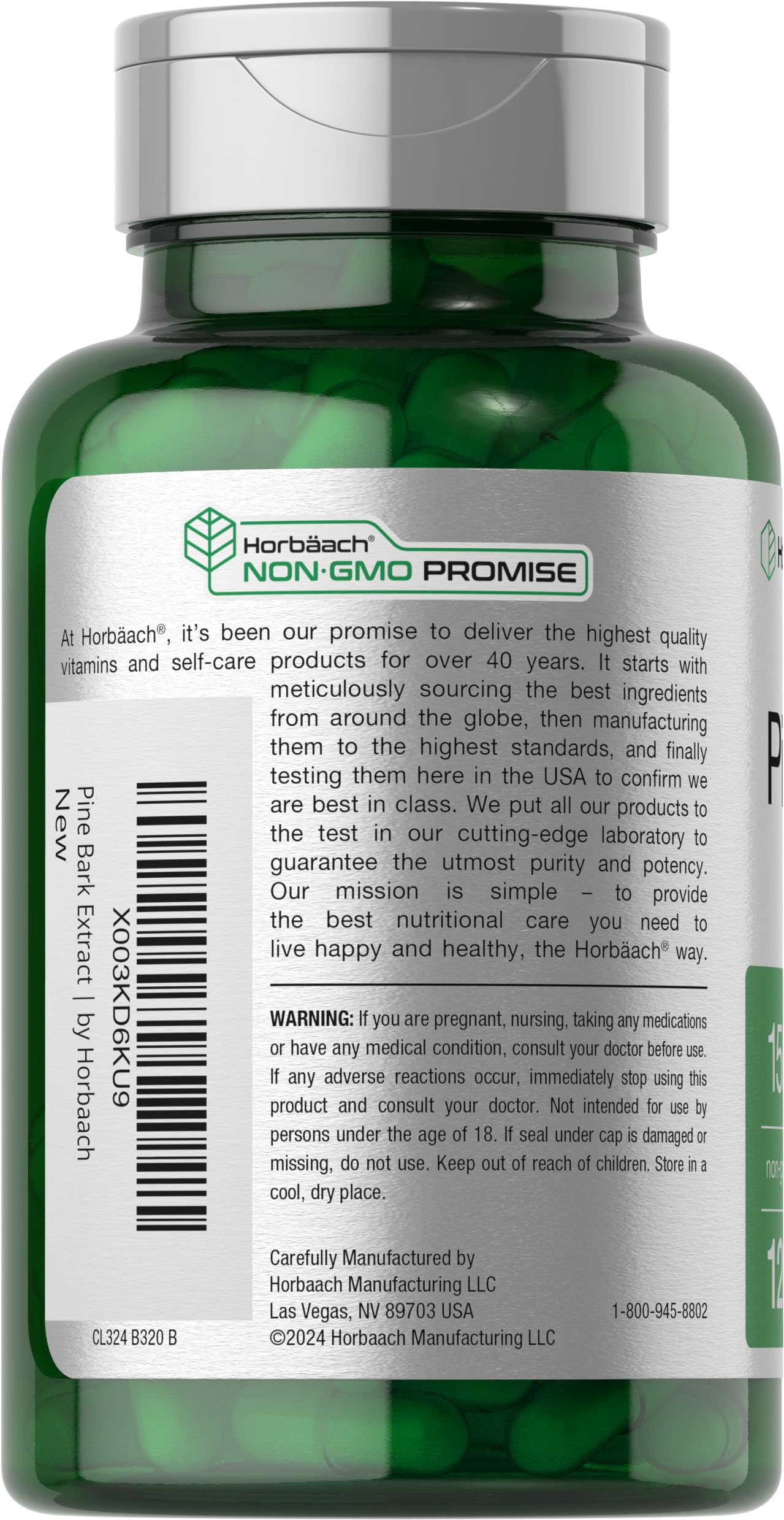 Horbäach Pine Bark Extract Capsules back view with ingredient list
