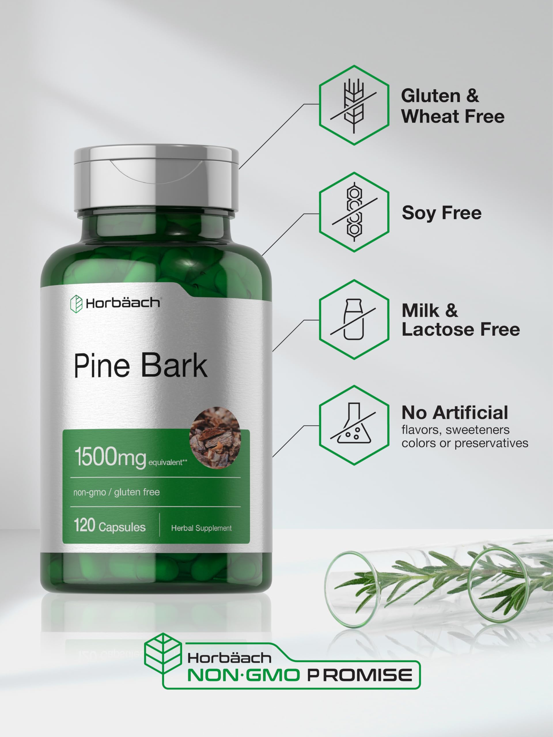 Horbäach Pine Bark Extract Capsules close-up of the bottle
