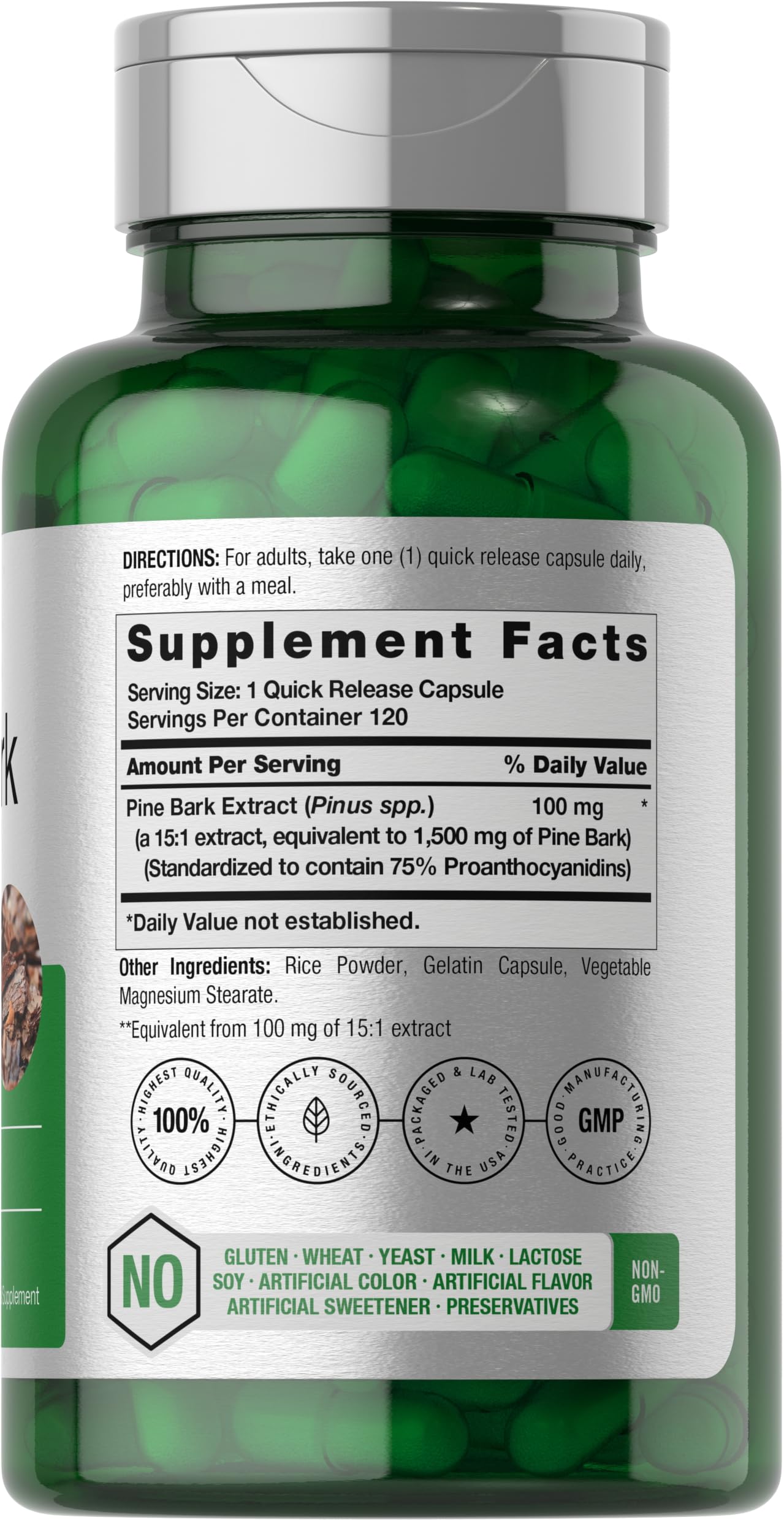 Horbäach Pine Bark Extract Capsules side view showing capsule details