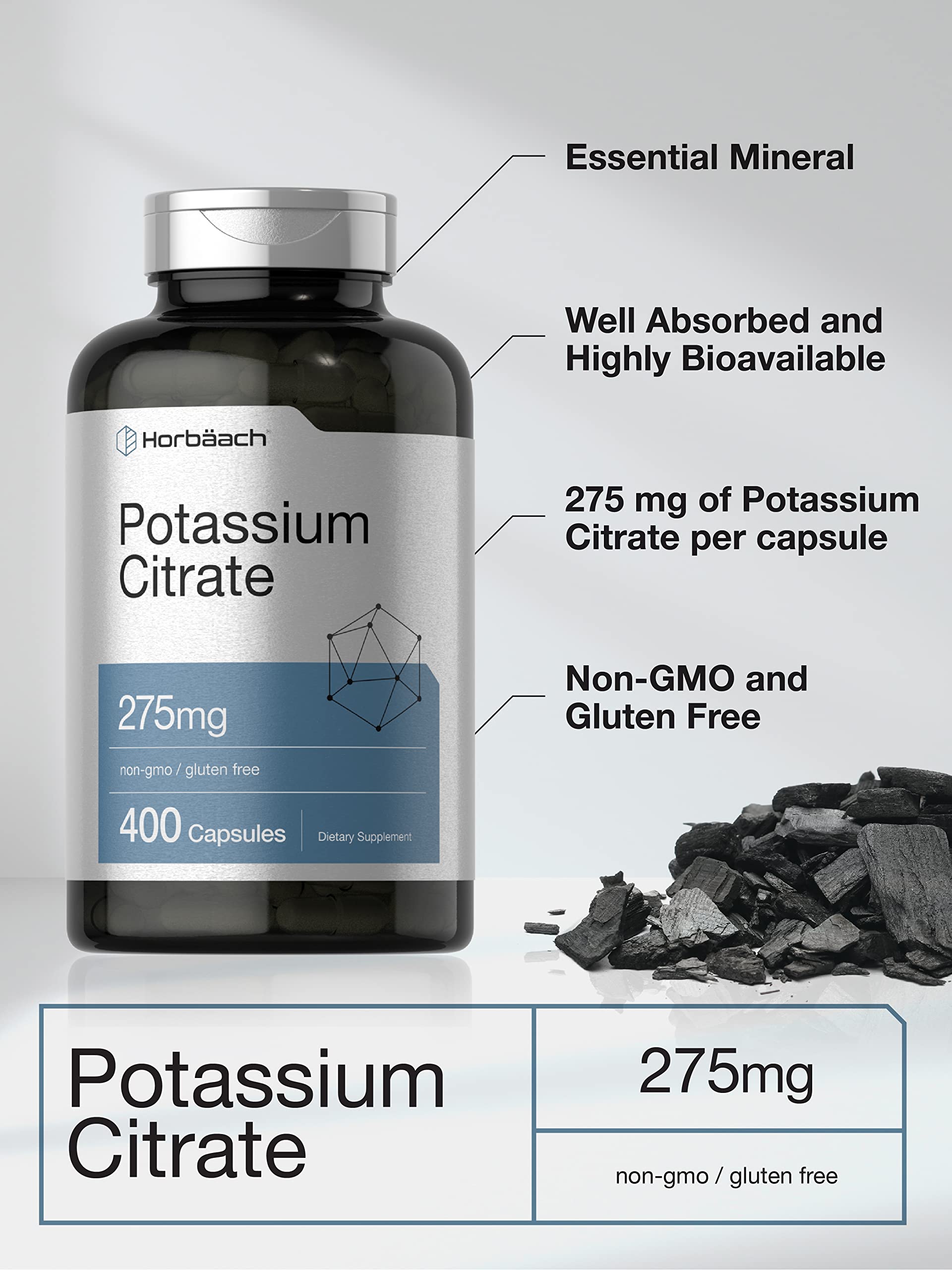 Horbäach Potassium Citrate 275mg capsules with ingredients list
