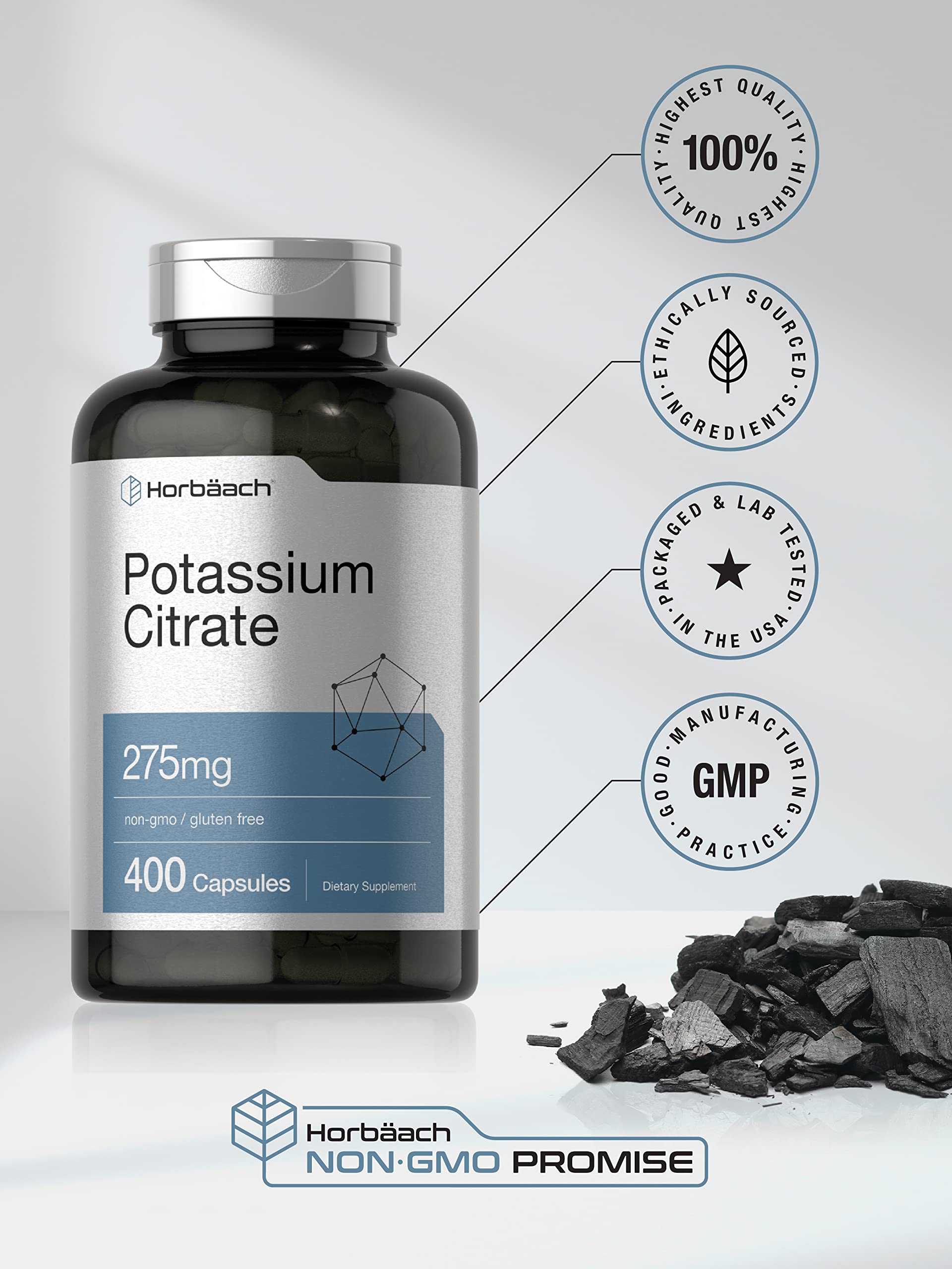 Horbäach Potassium Citrate bottle with a measuring spoon