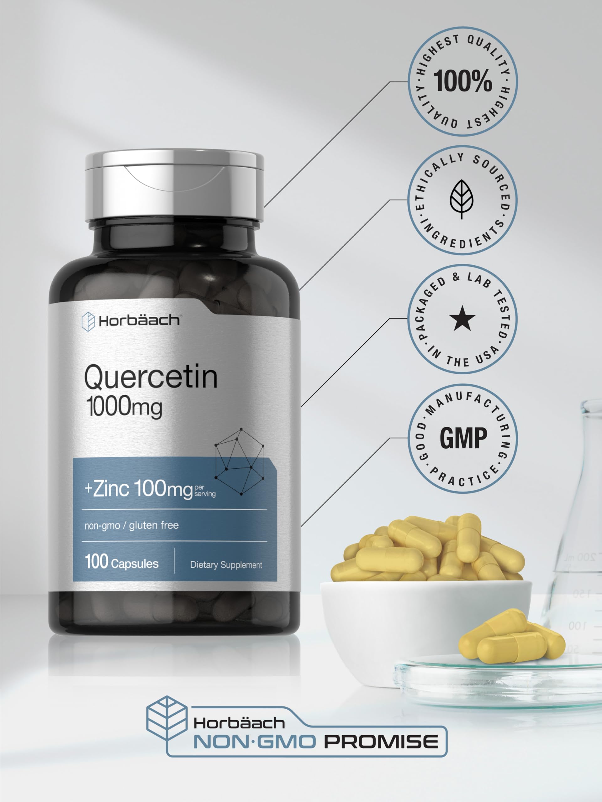 Horbäach Quercetin & Zinc 1000mg supplement capsules on table