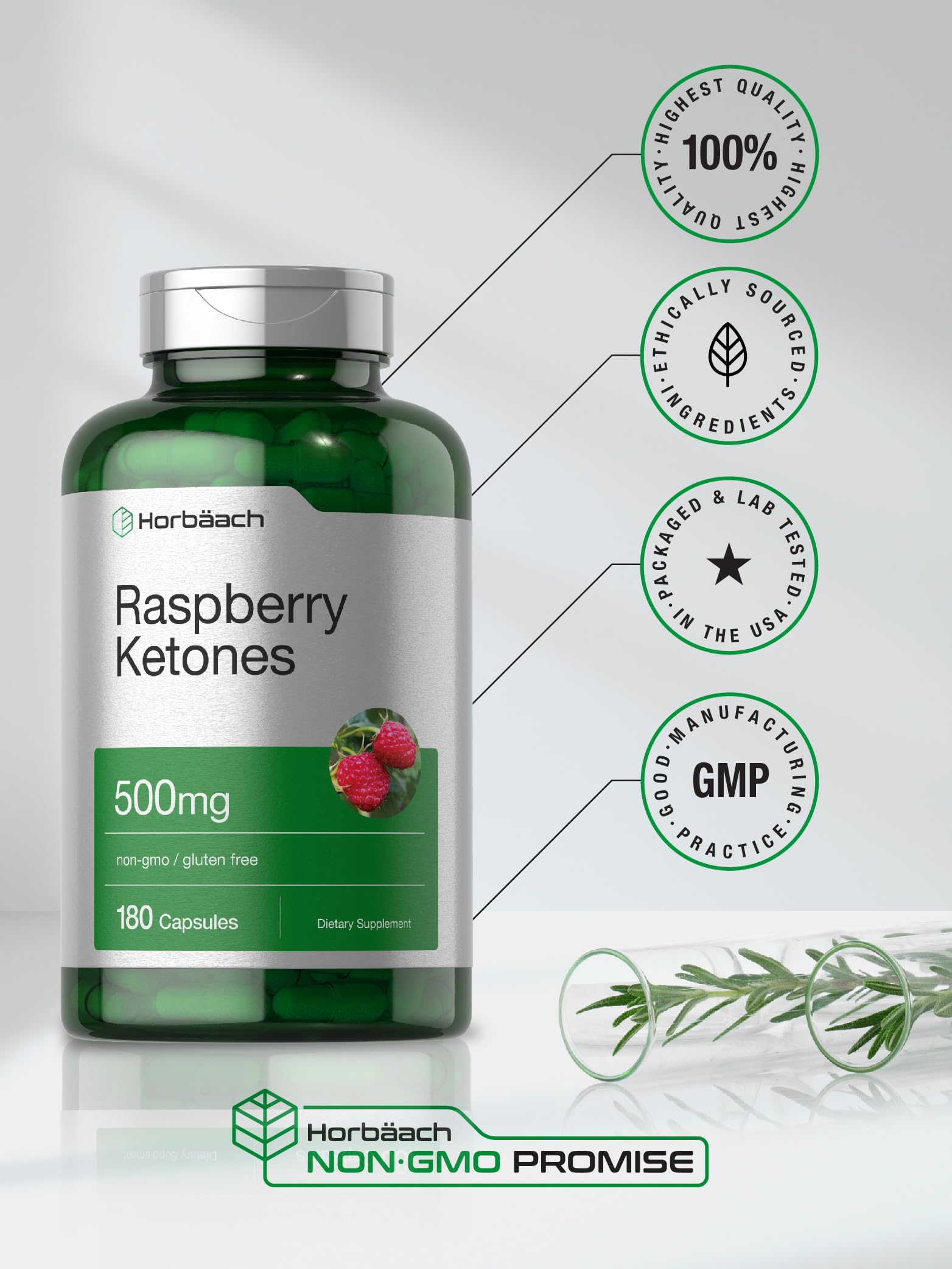 Horbäach Raspberry Ketones capsules in hand