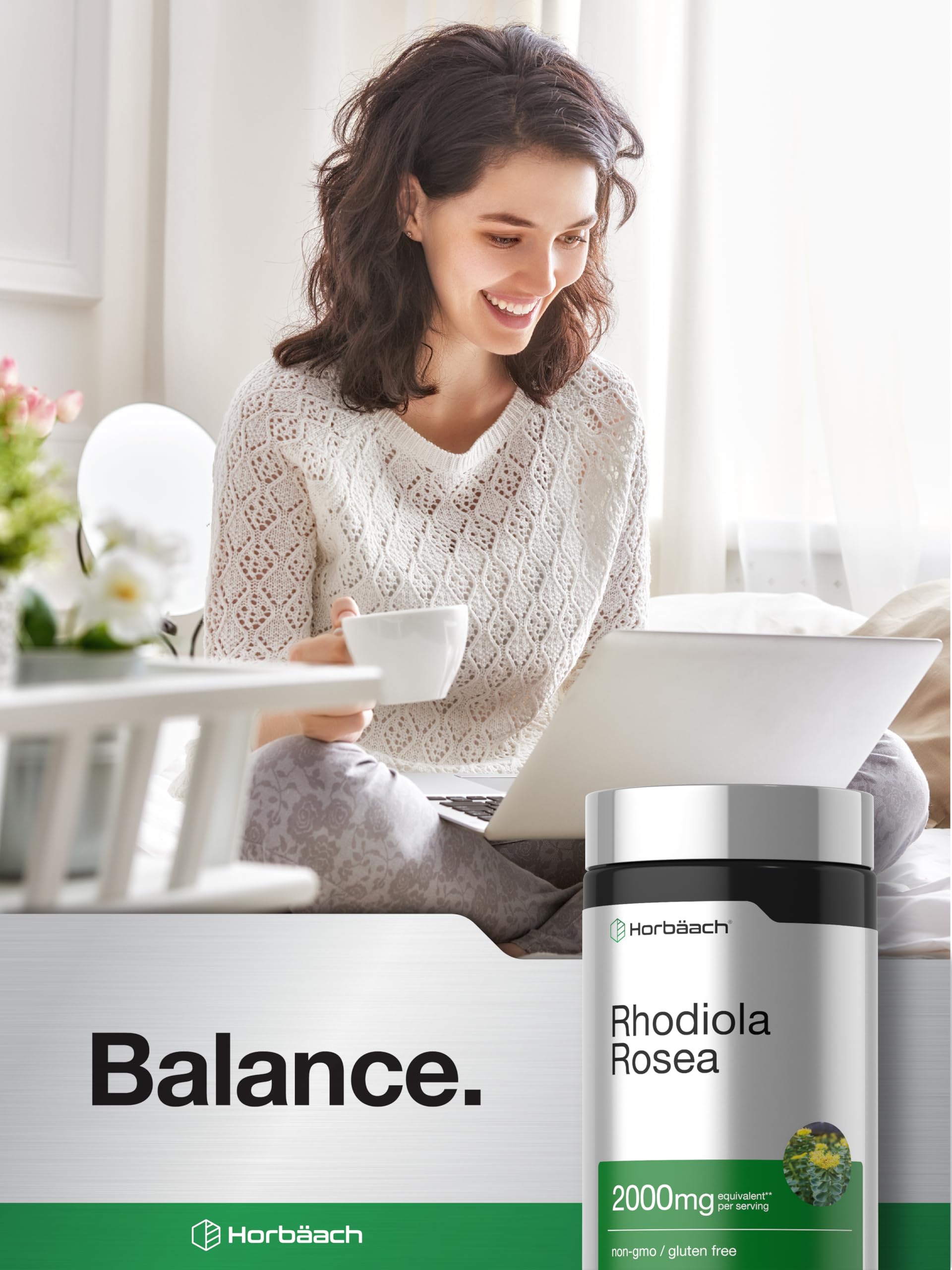 Horbäach Rhodiola Rosea Capsules with a glass of water