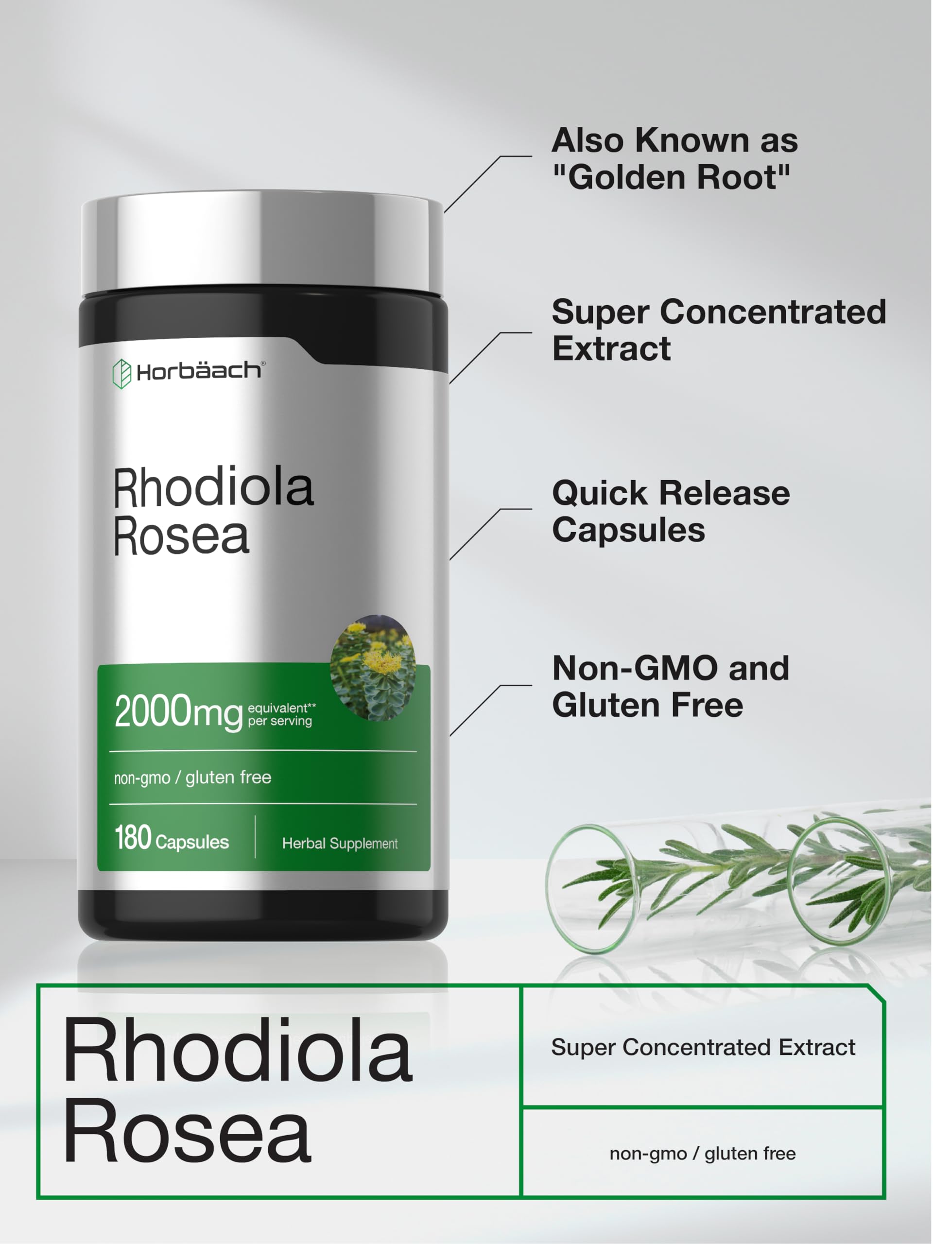Horbäach Rhodiola Rosea Capsules with a measuring spoon
