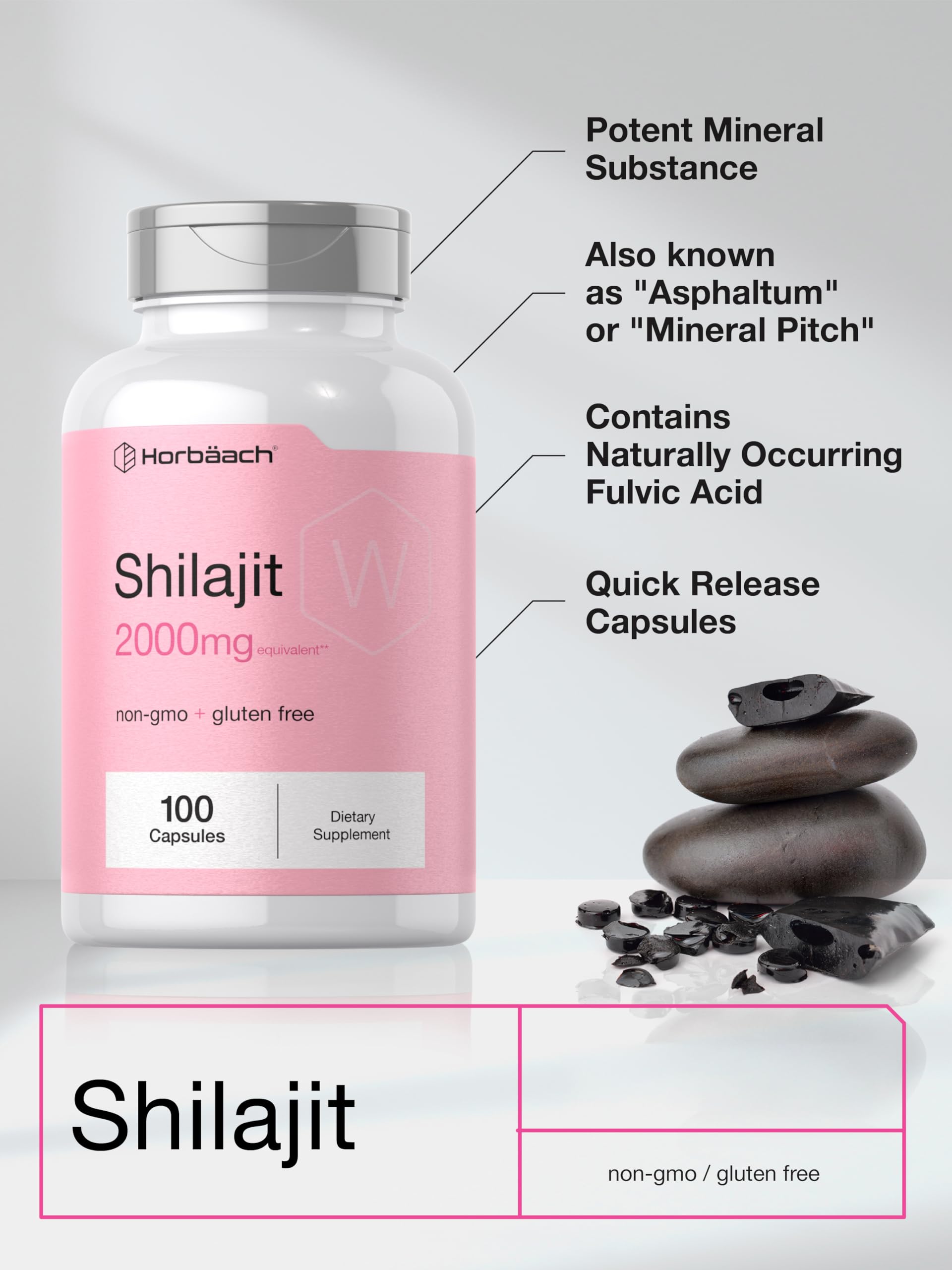 Horbäach Shilajit Capsules back view highlighting ingredients