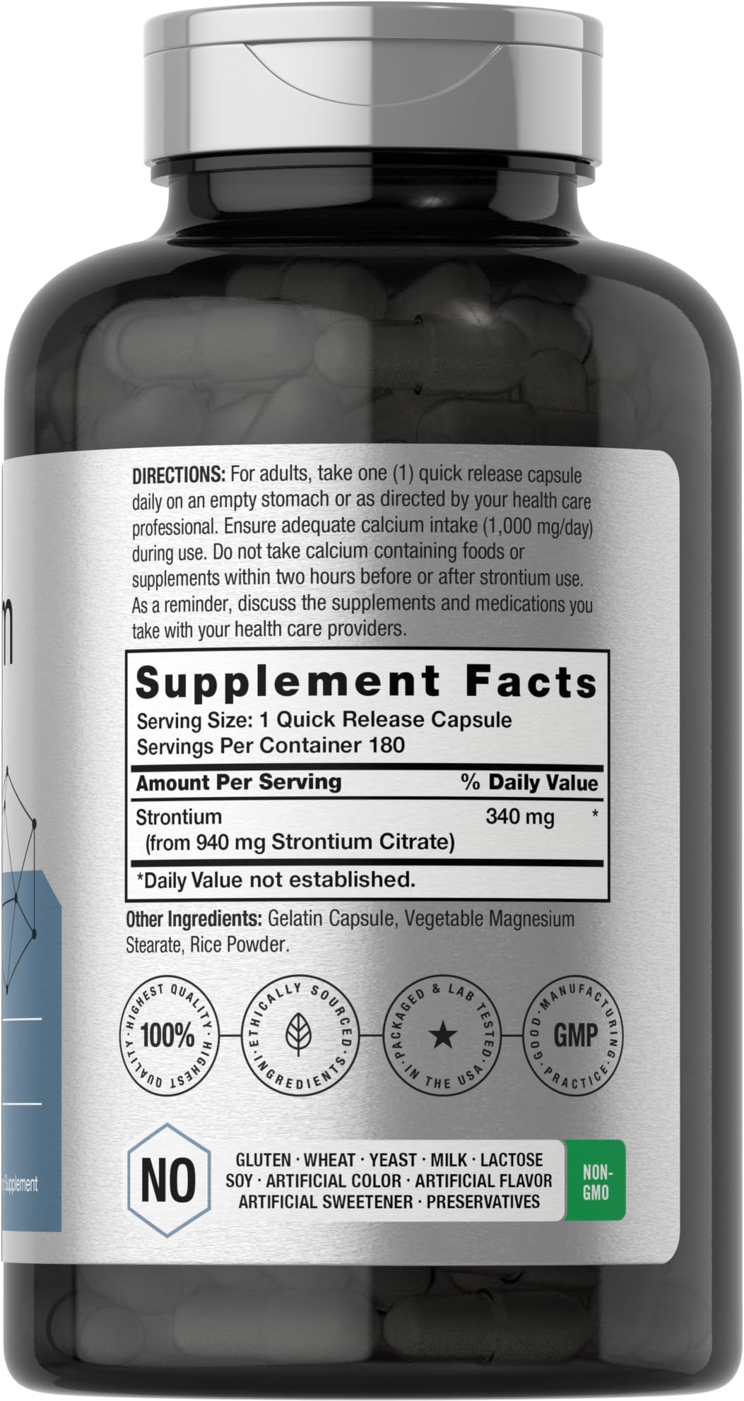 Horbäach Strontium Citrate 940mg supplement bottle side view