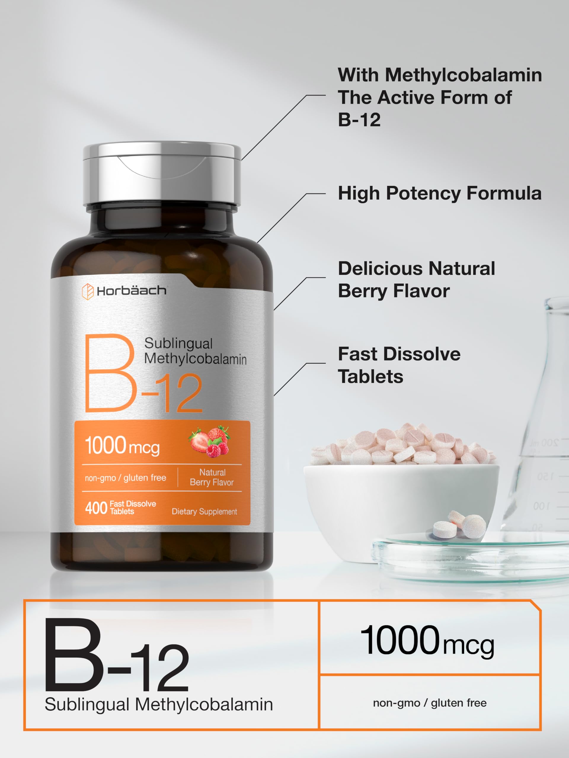 Horbäach Sublingual B-12 tablets in natural berry flavour
