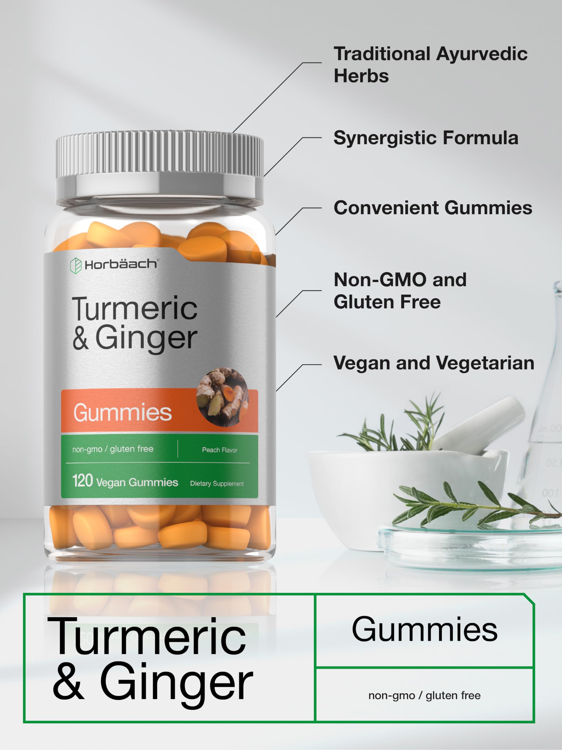 Horbäach Turmeric + Ginger Gummies side view of bottle