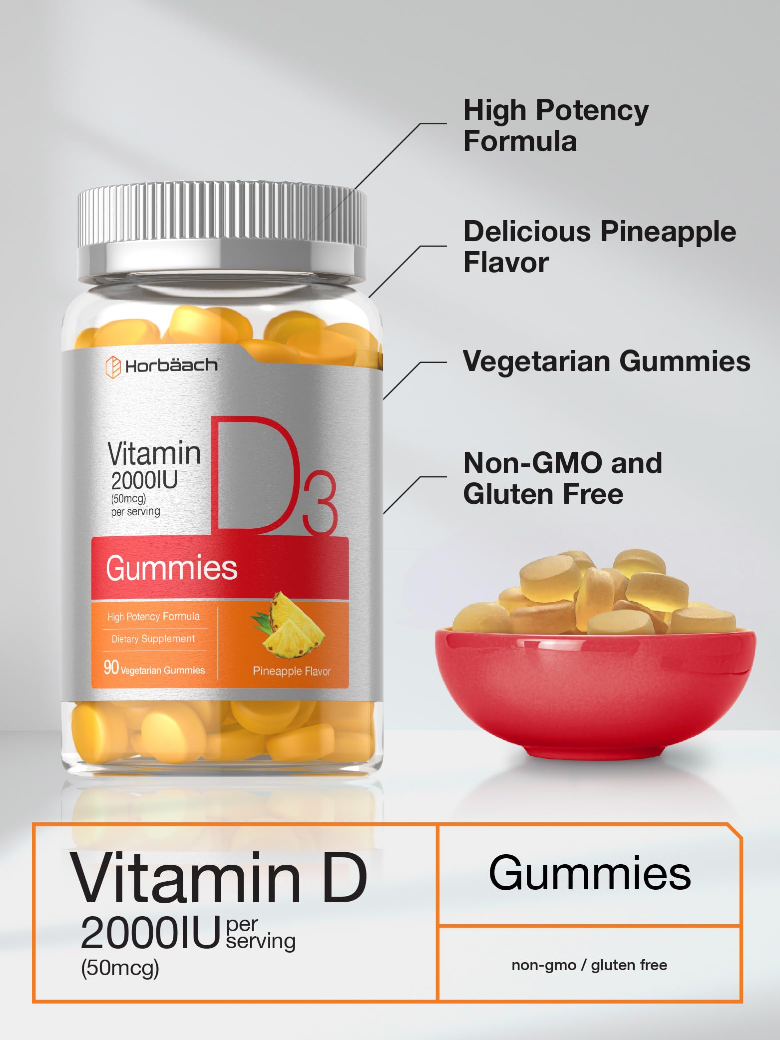 Horbäach Vitamin D3 Gummies displayed on a wooden table