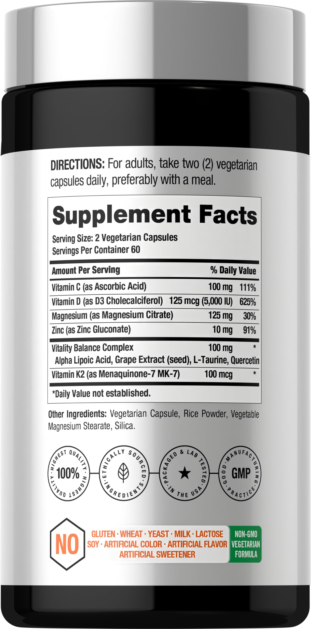 Horbäach Vitamin D3 + K2 Complex 125mcg + 100mcg capsules side view