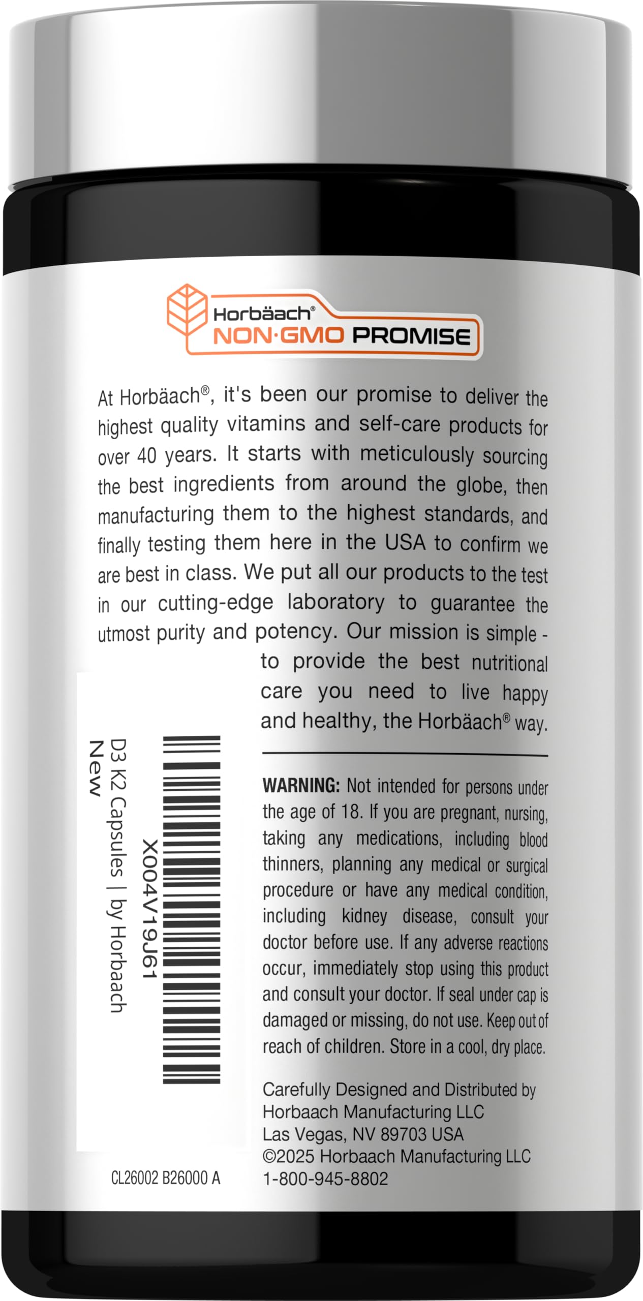 Horbäach Vitamin D3 + K2 Complex 125mcg + 100mcg capsules with packaging