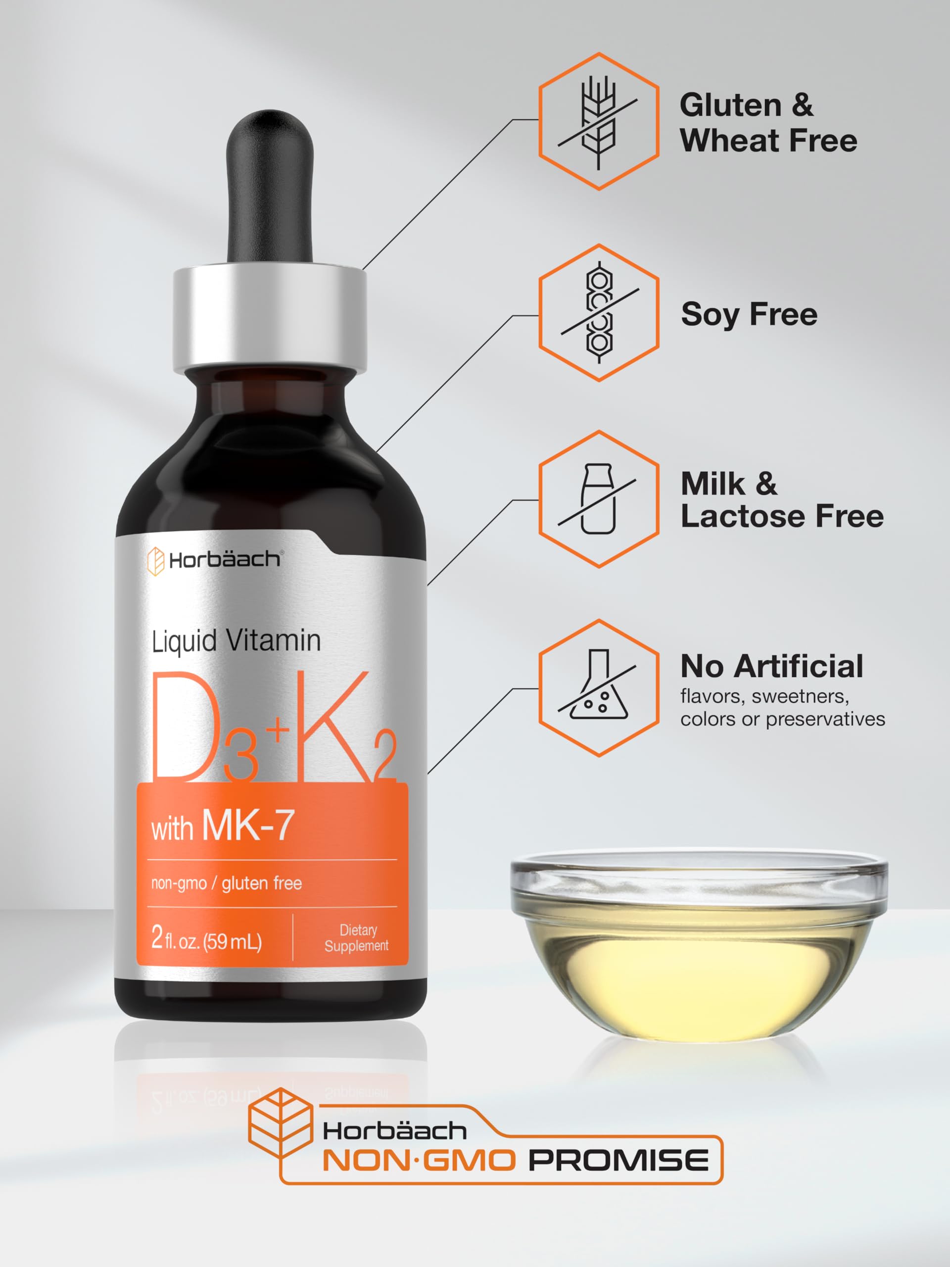 Horbäach Vitamin D3 & K2 liquid supplement on a wooden table