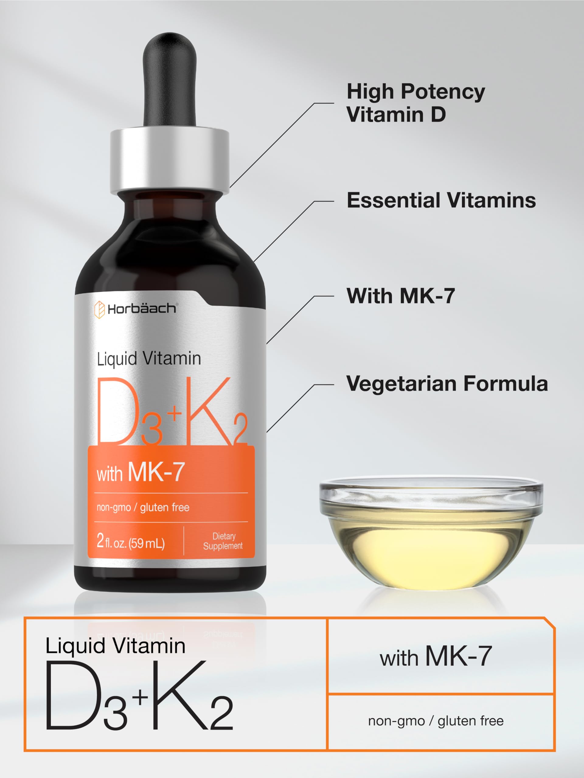 Horbäach Vitamin D3 & K2 liquid supplement with ingredients
