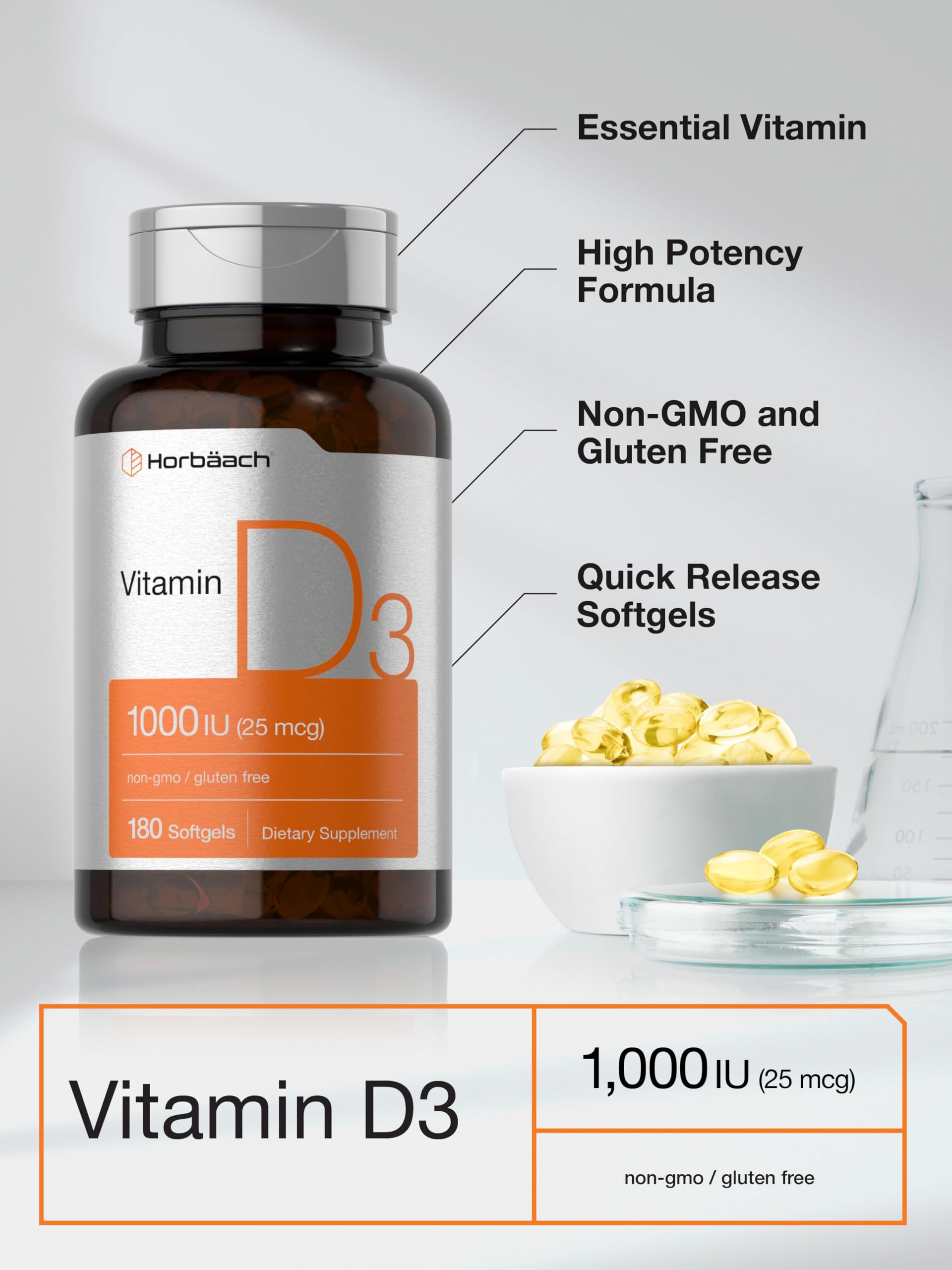 Horbäach Vitamin D3 Softgels in a hand for size comparison