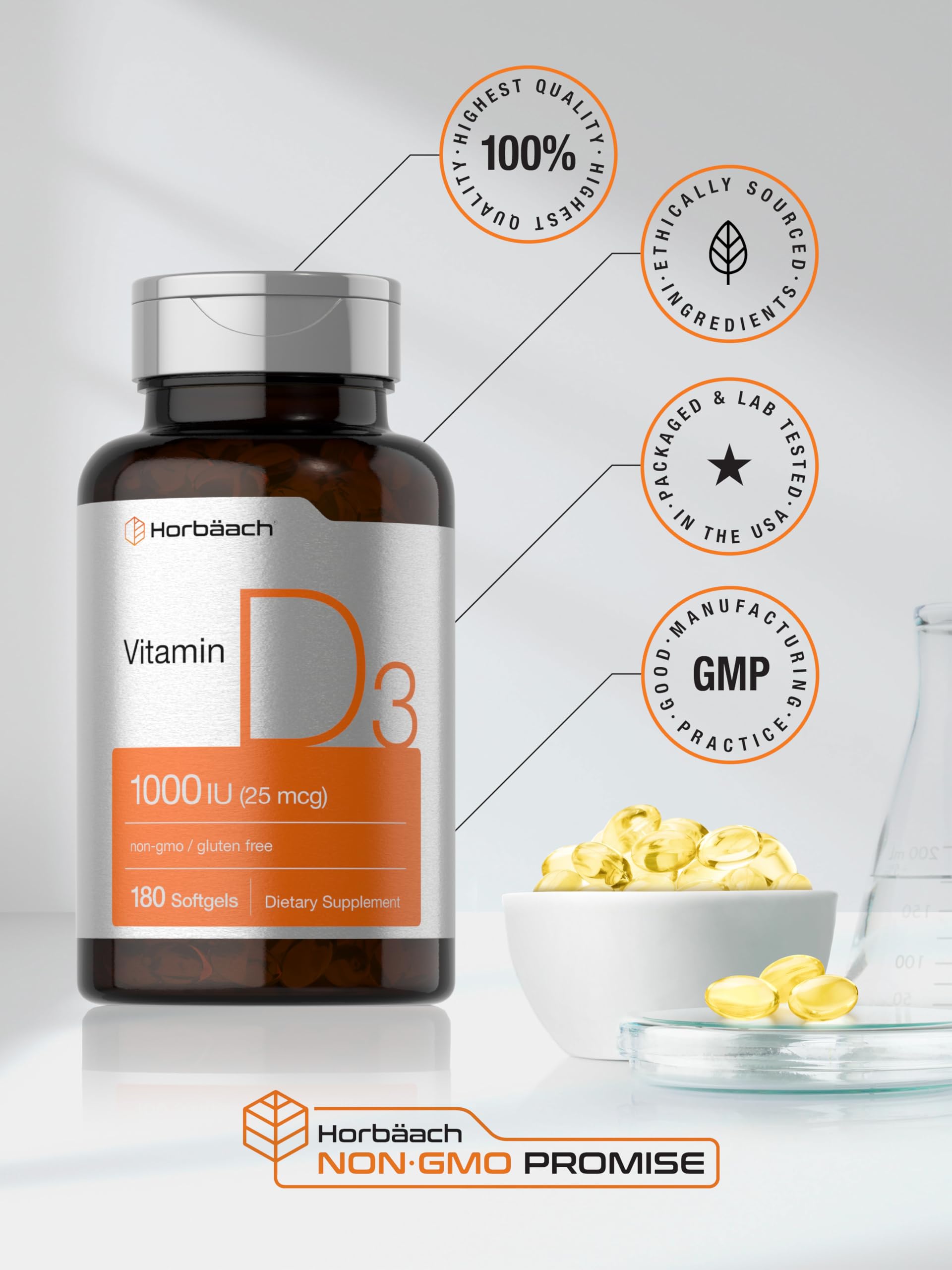 Horbäach Vitamin D3 Softgels with a measuring spoon