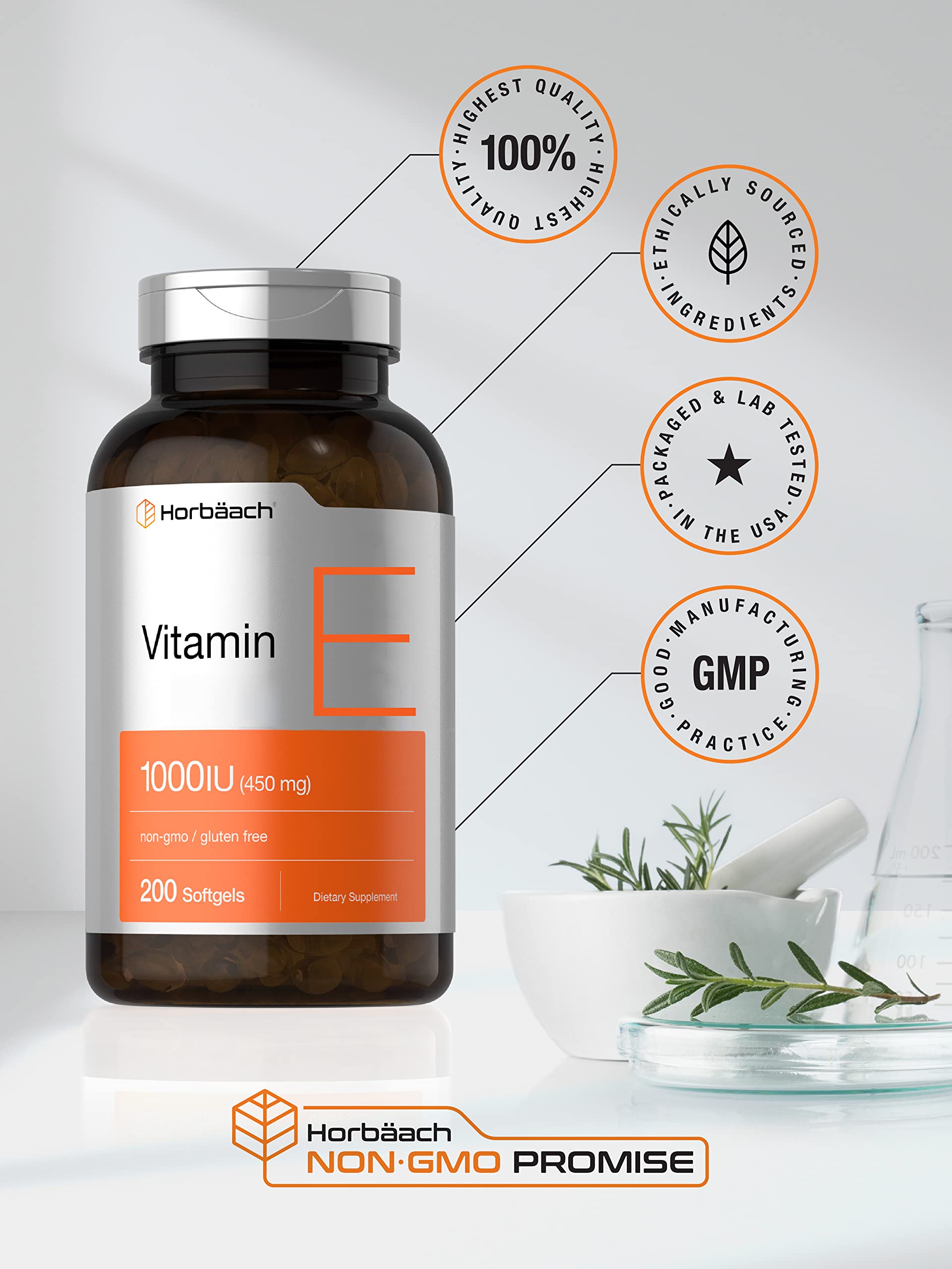 Horbäach Vitamin E 1000iu softgel on a wooden surface