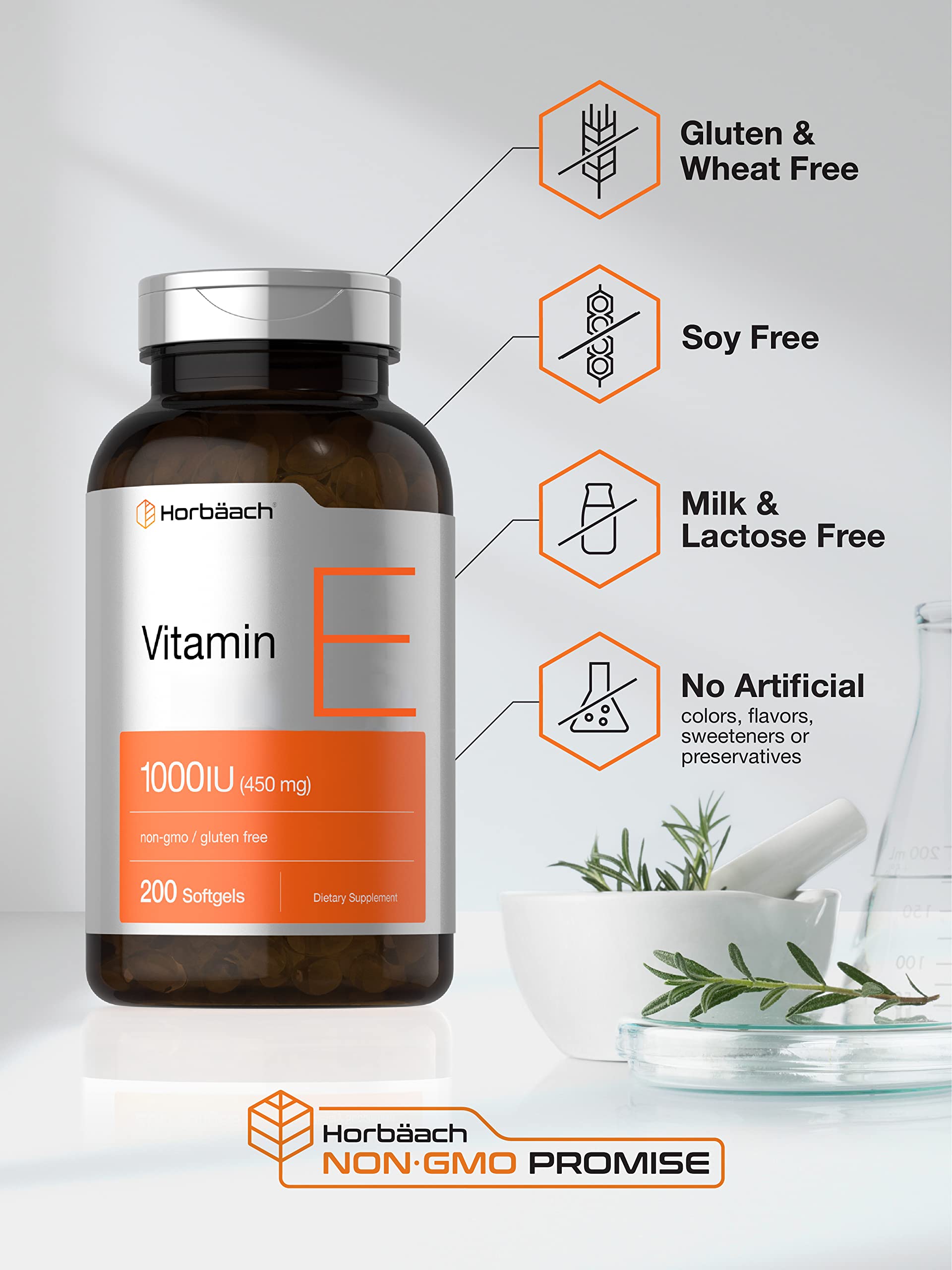 Horbäach Vitamin E 1000iu softgel packaging with dosage information