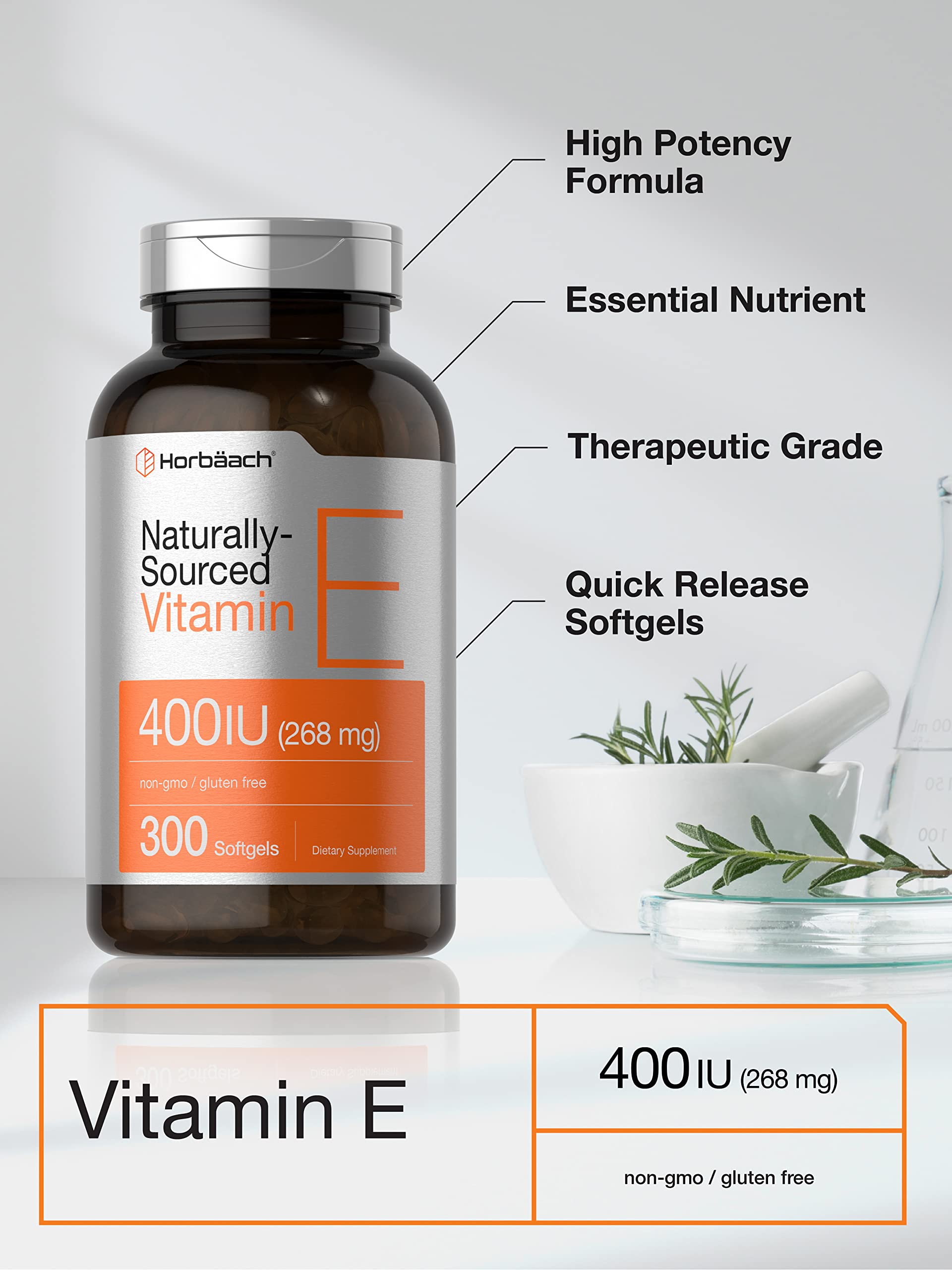 Horbäach Vitamin E 400 IU softgel bottle packaging