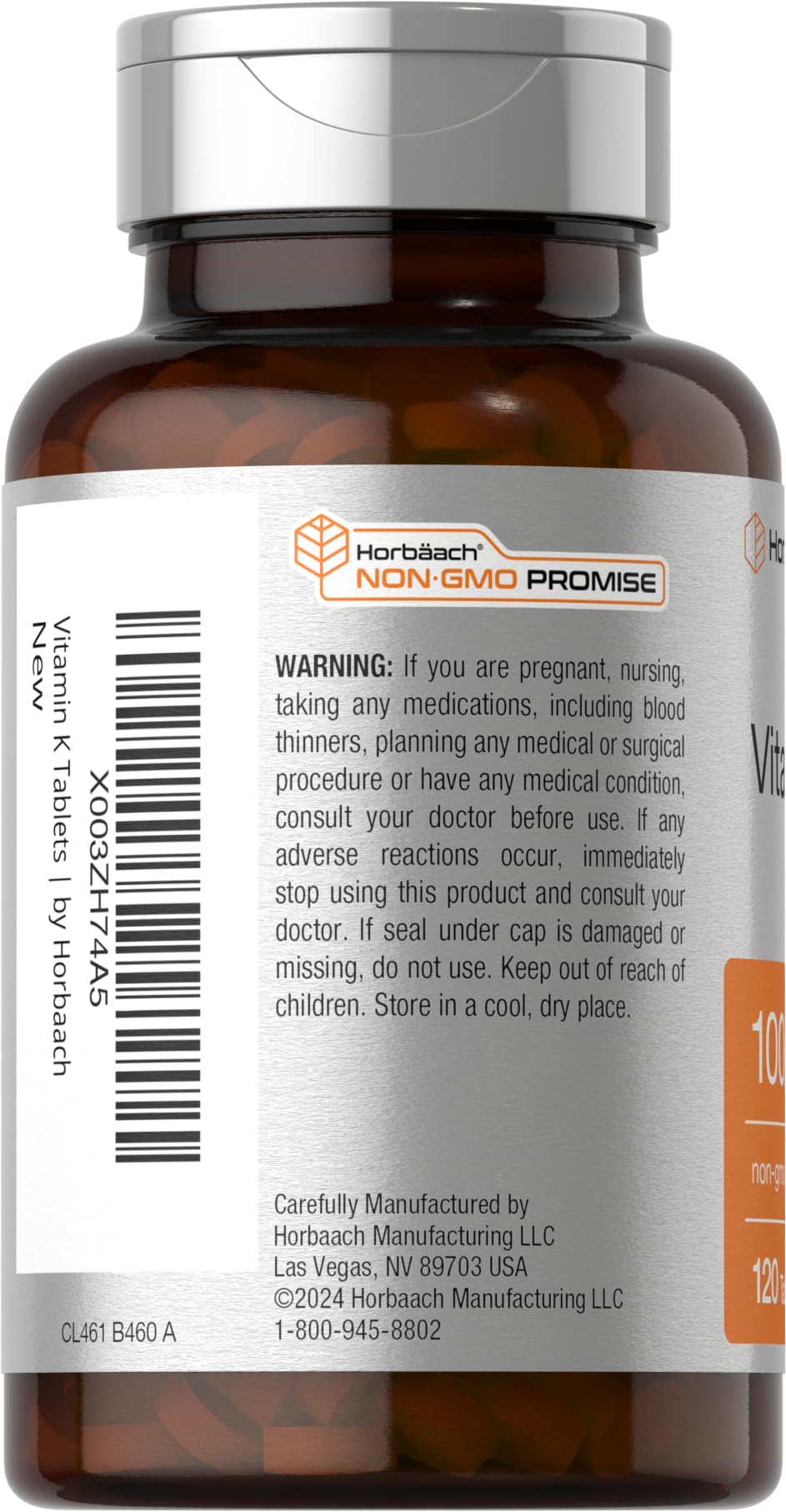 Horbäach Vitamin K1 Tablets 100 mcg back view with ingredient list