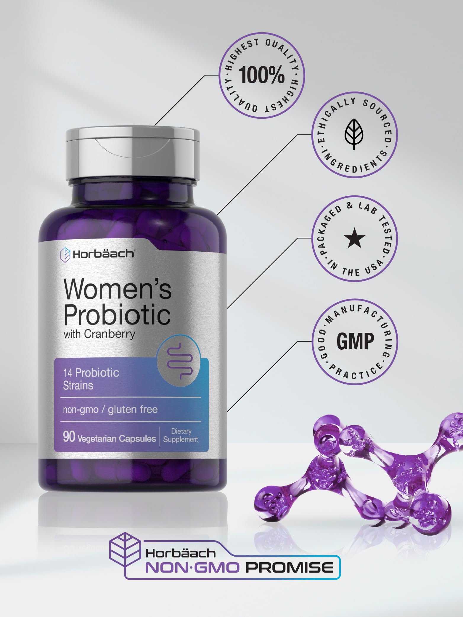 Horbäach Women's Probiotic with Cranberry bottle on table