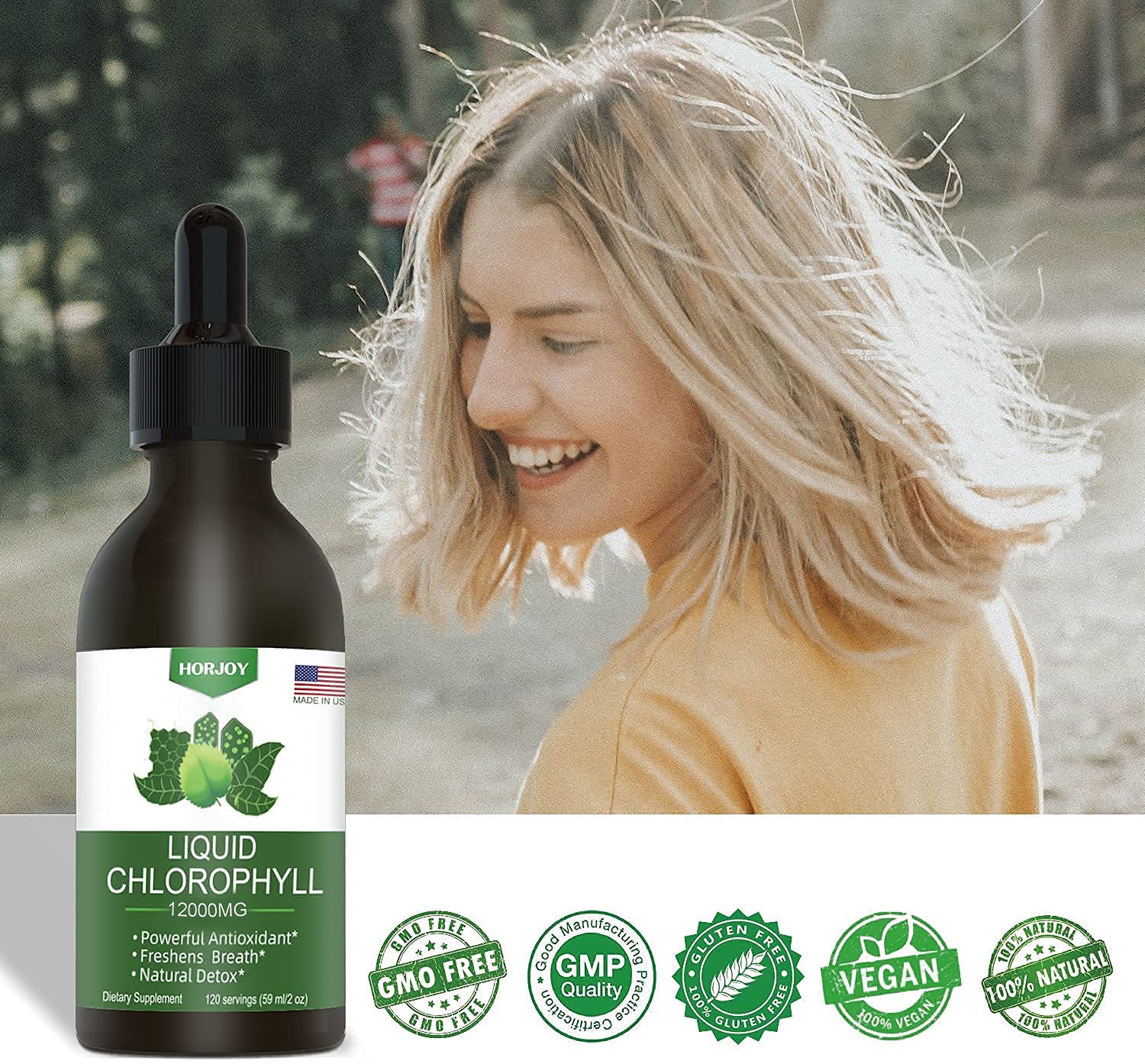 Horjoy Chlorophyll Drops in a glass of water