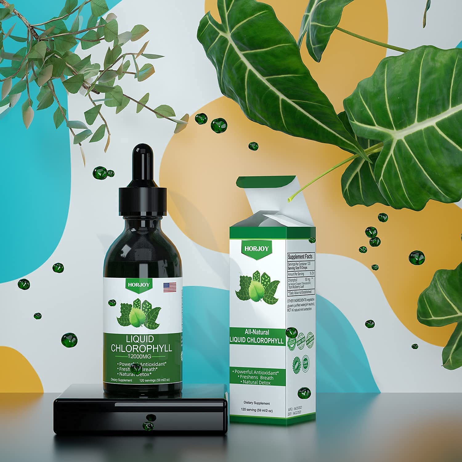 Horjoy Chlorophyll Drops lifestyle scene on kitchen counter