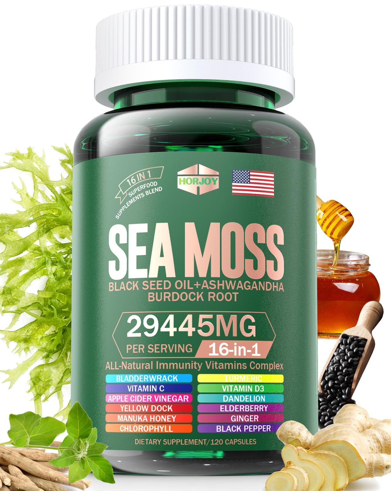 Horjoy SeaMoss 16-in-1 capsule supplement bottle front view