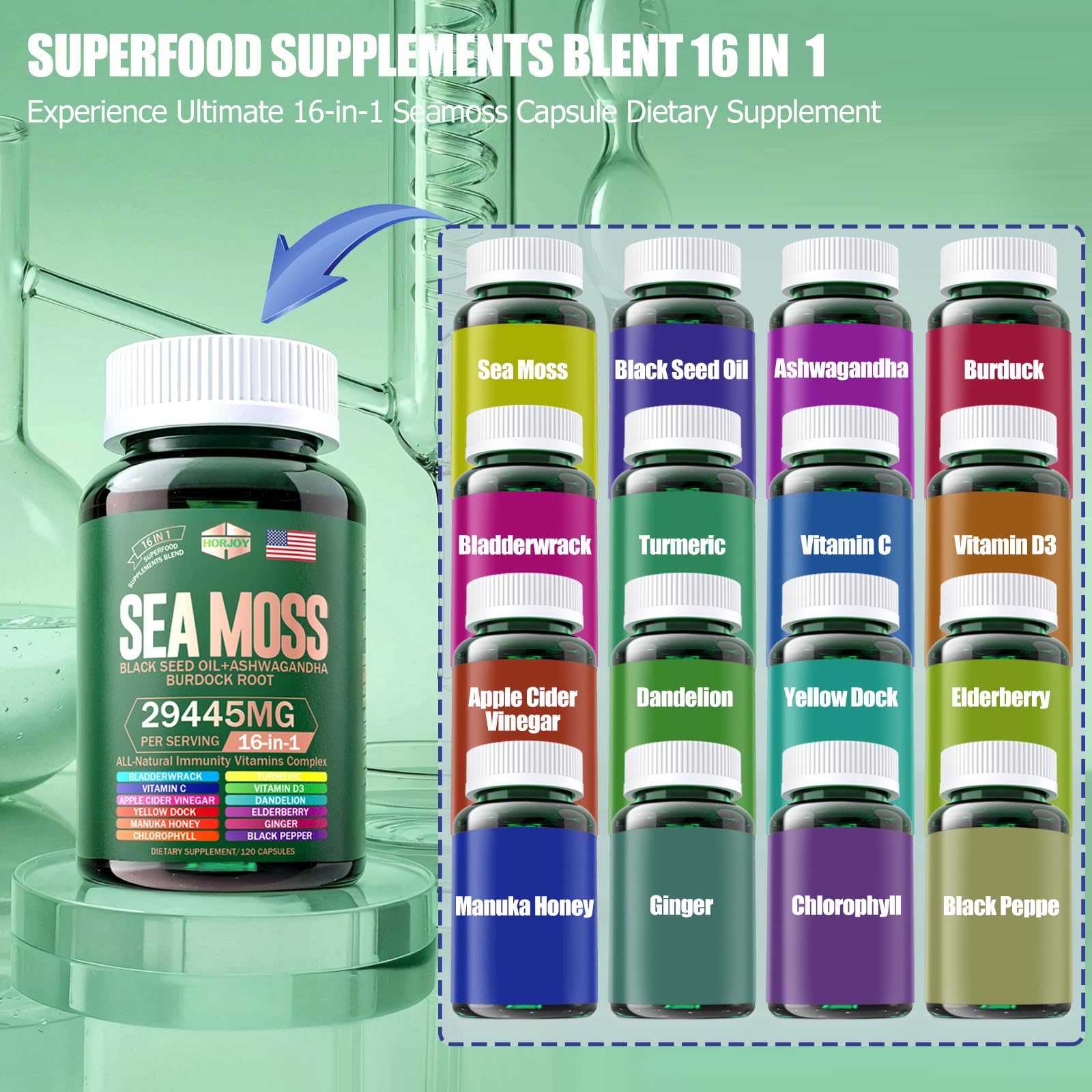Horjoy SeaMoss bottle with a measuring spoon and capsules