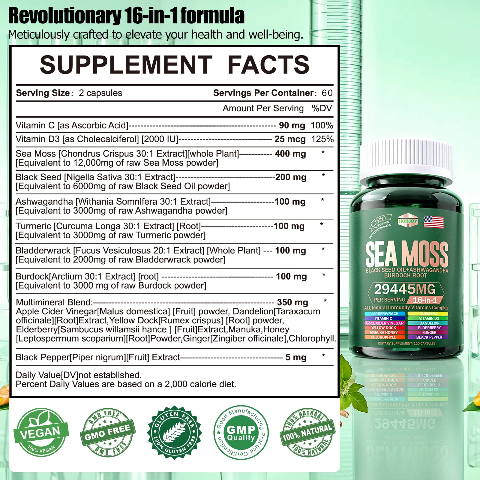 Horjoy SeaMoss capsule supplement side view with label