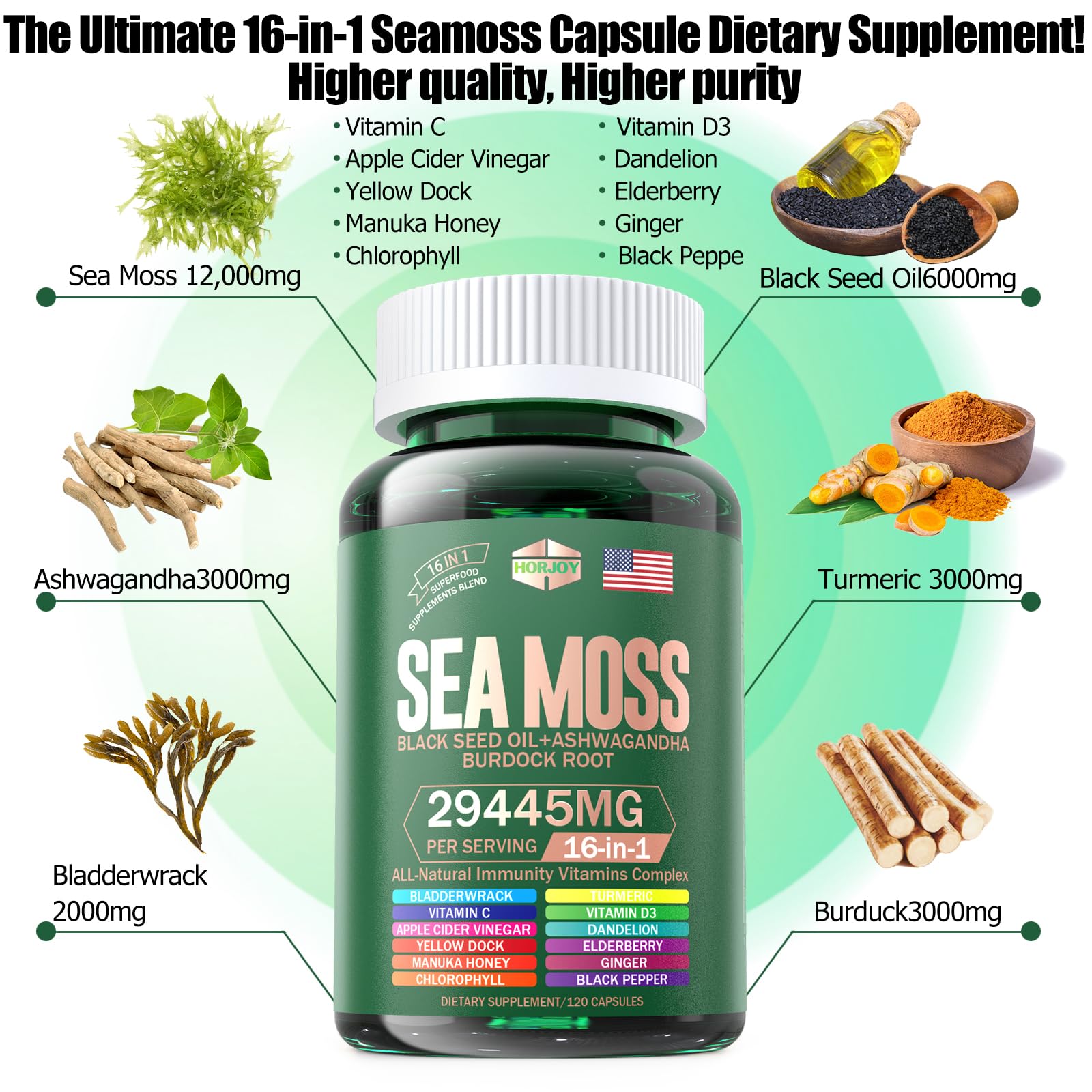 Horjoy SeaMoss capsules with natural ingredients background