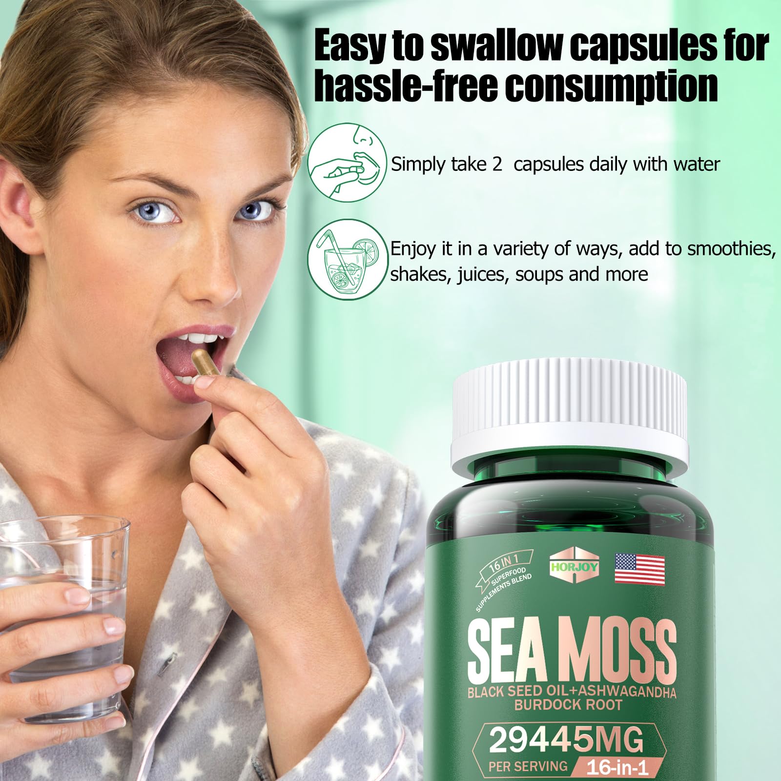 Horjoy SeaMoss supplement bottle with capsules scattered around