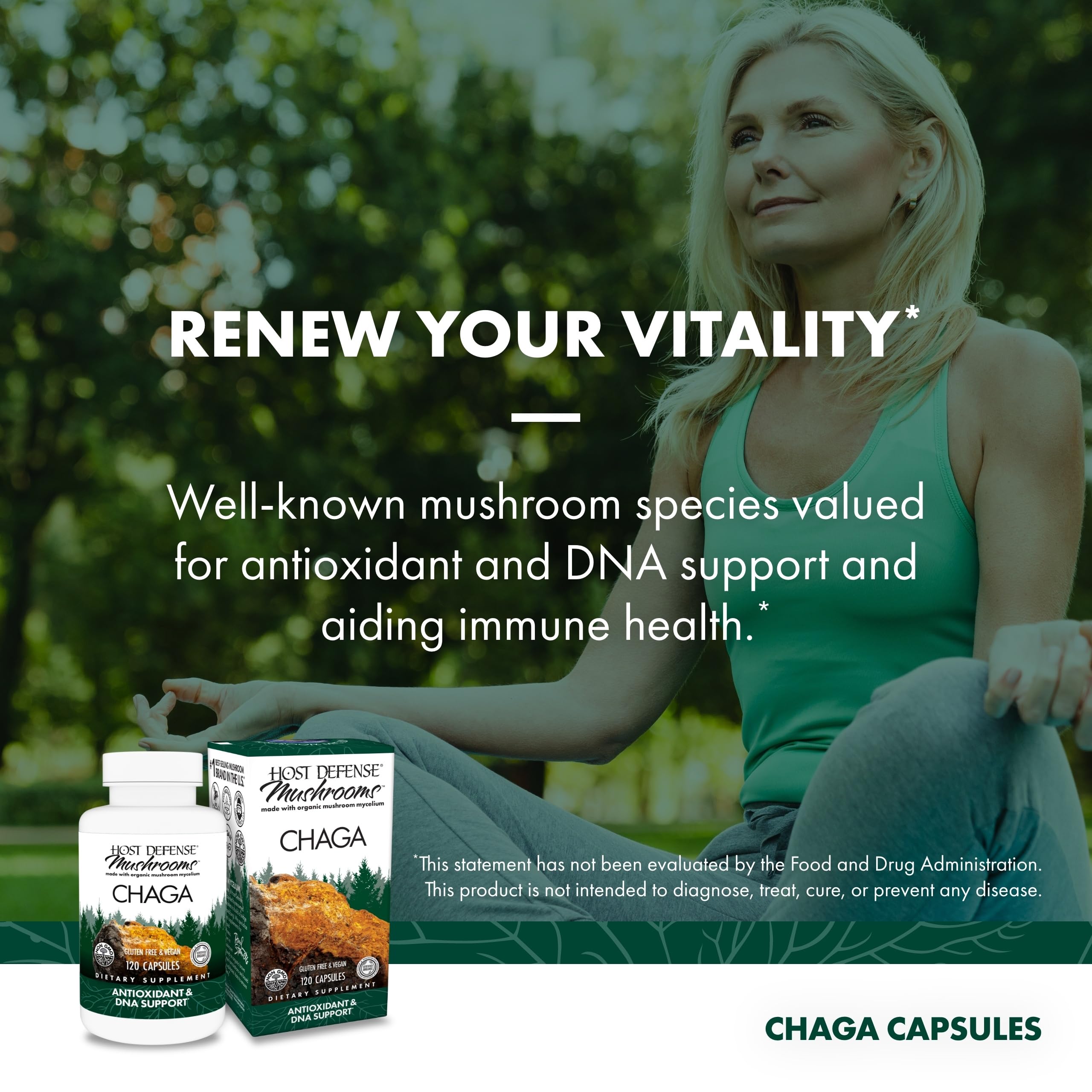 Host Defense Chaga Mushroom Capsules on a wooden table