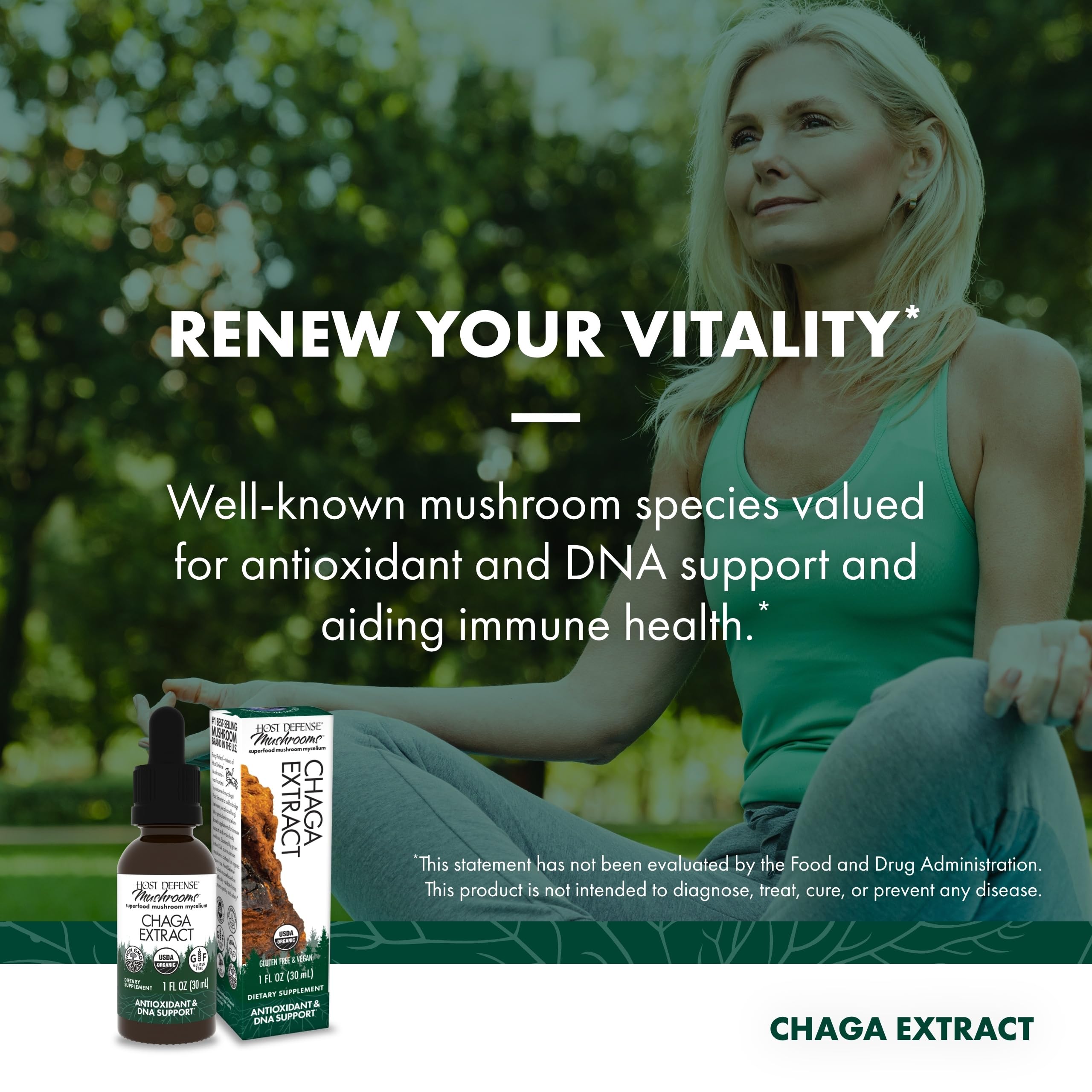 Host Defense Chaga Mushroom Extract 27g on a wooden table