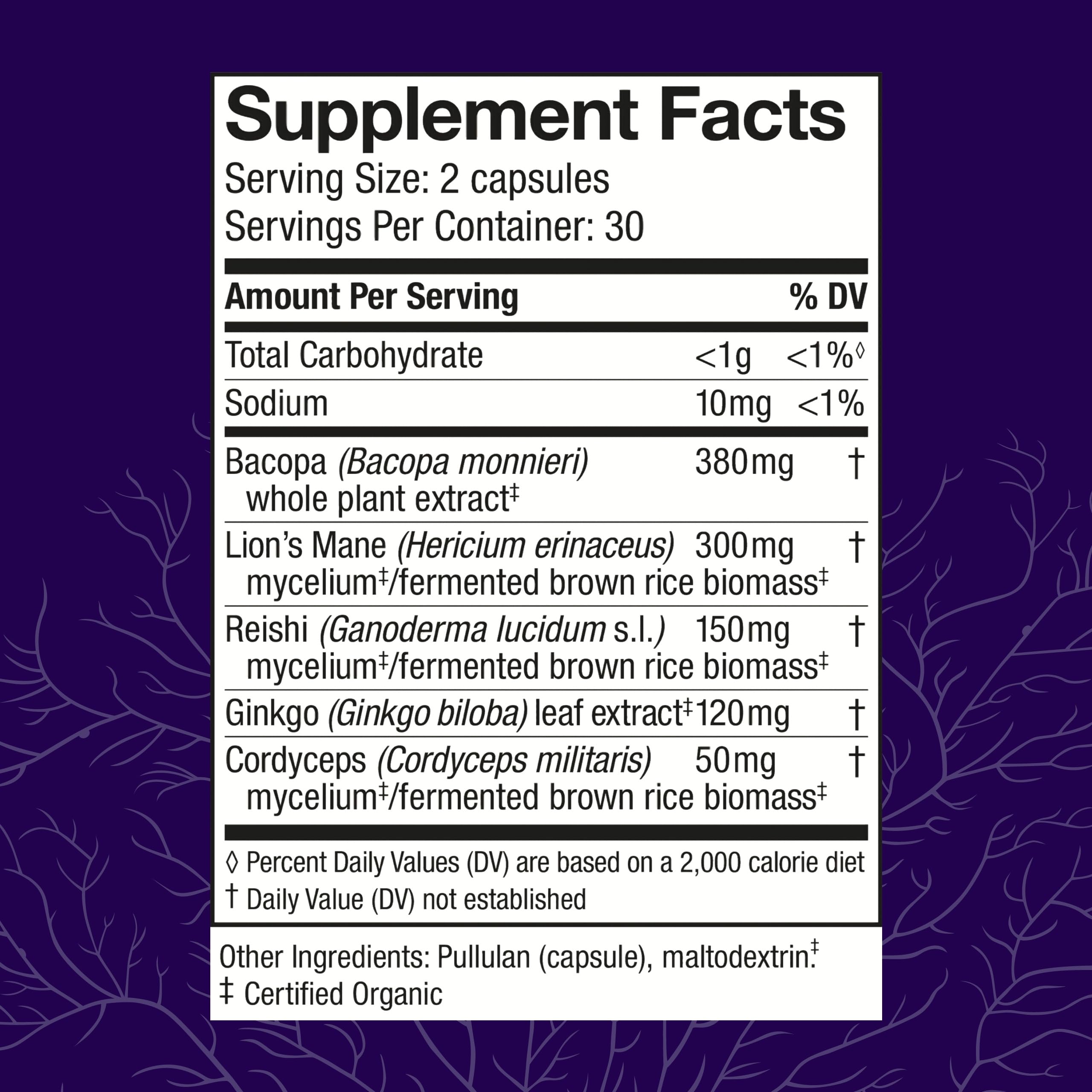 Host Defense Lion's Mane Mushroom Supplement side view with capsule details