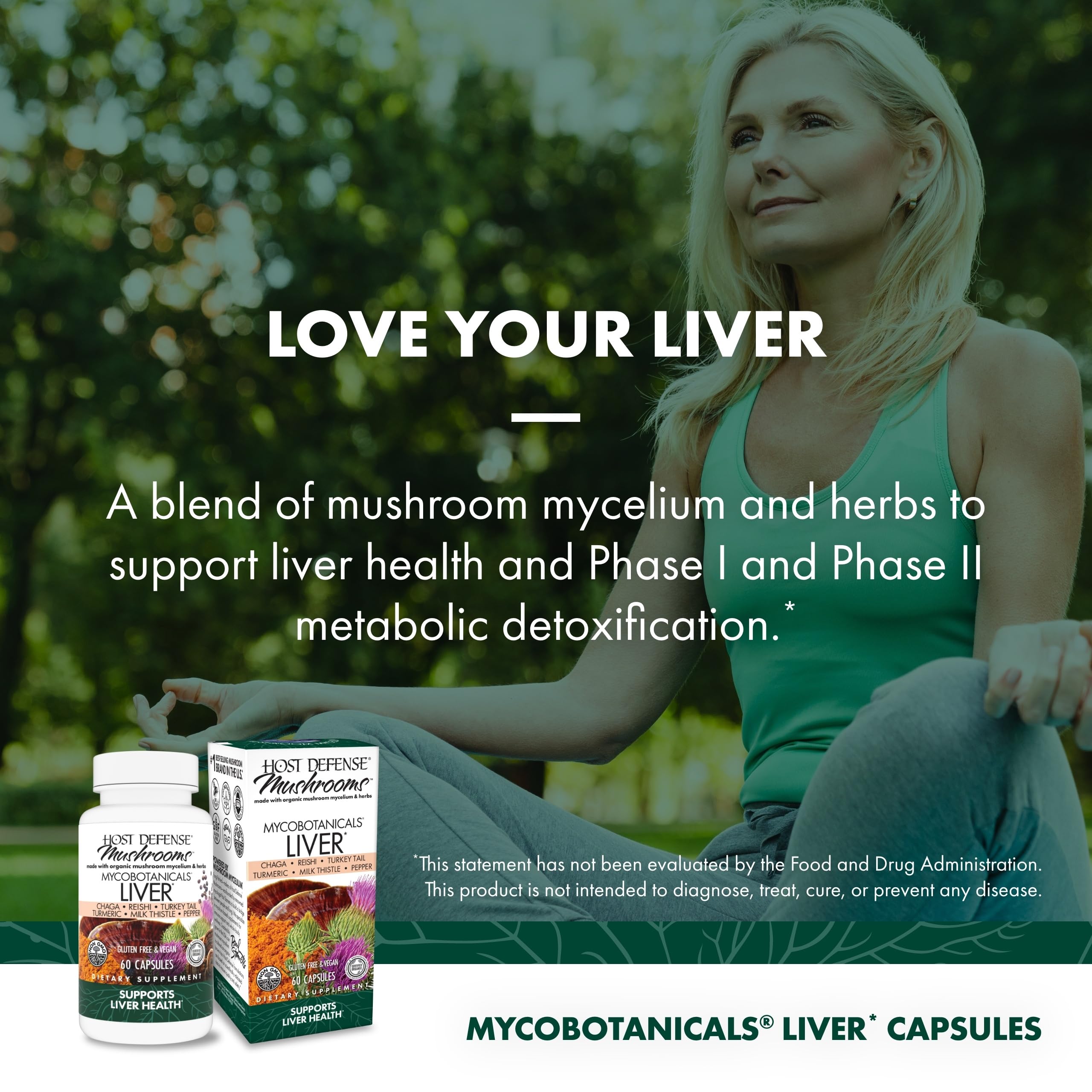 Host Defense Liver Support Mushroom Supplement with herbal background