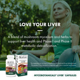Host Defense Liver Support Mushroom Supplement with herbal background